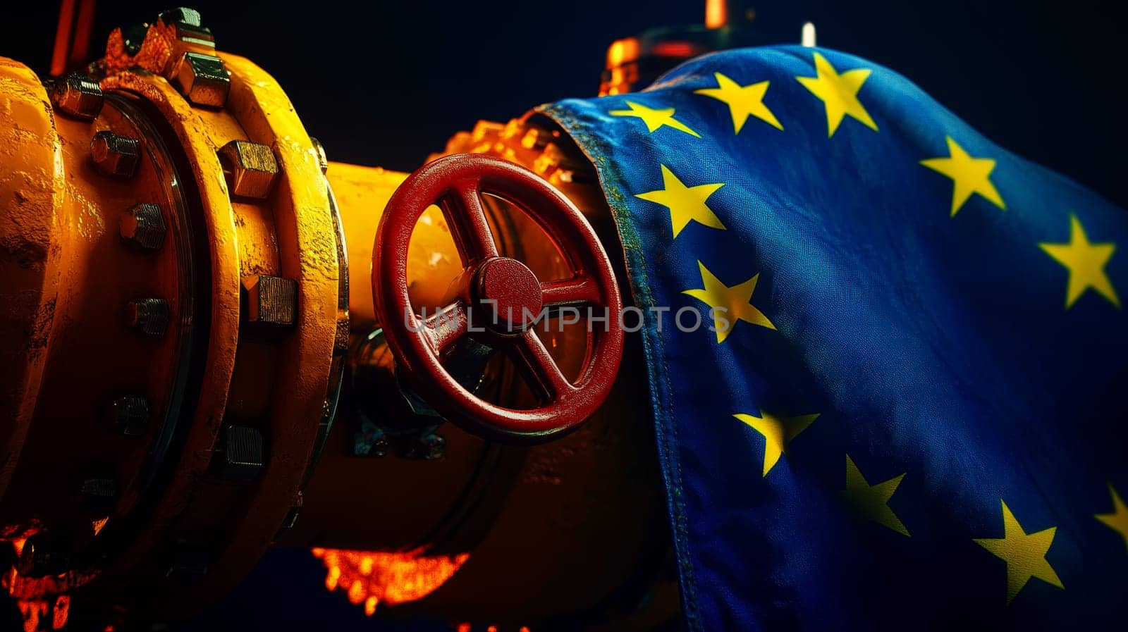 Gas pipe with valve and European Union flag in the background. High quality illustration