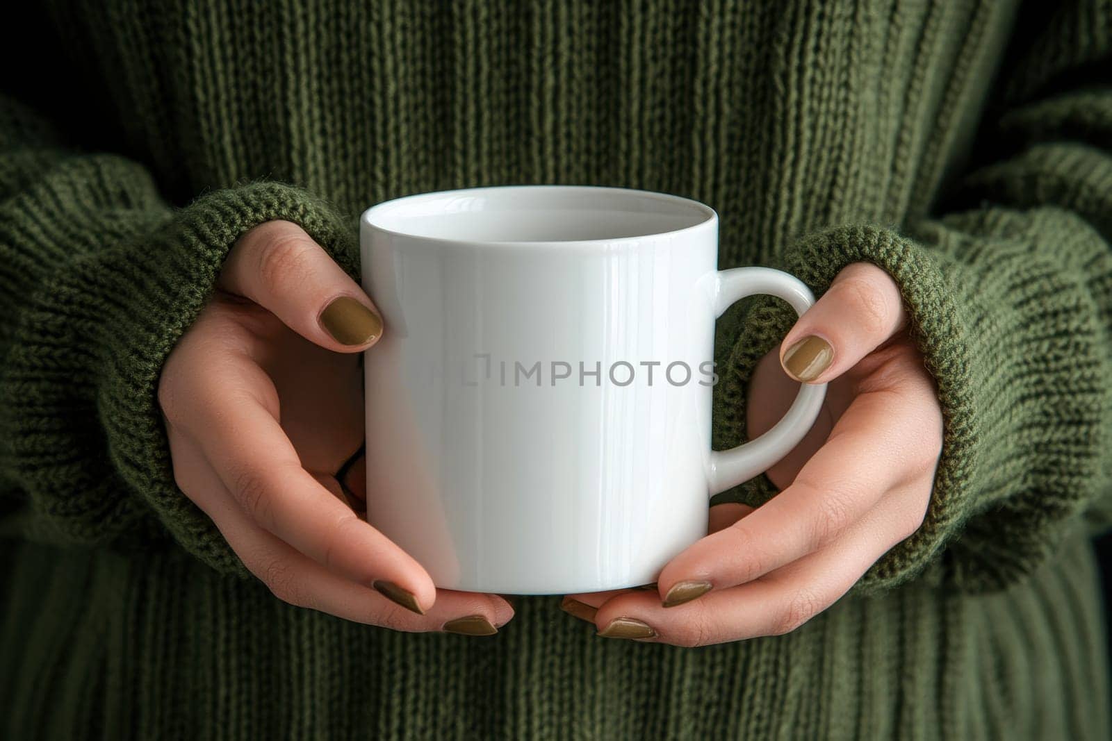 a beauty woman wearing a green sweater holding a plain white mug with both hands. The focus is on the hands and the mug, emphasizing a cozy and warm atmosphere. --ar 3:2 --v 6.1 Job ID: 4def722b-a618-4139-a4c2-b810b3d37f6f