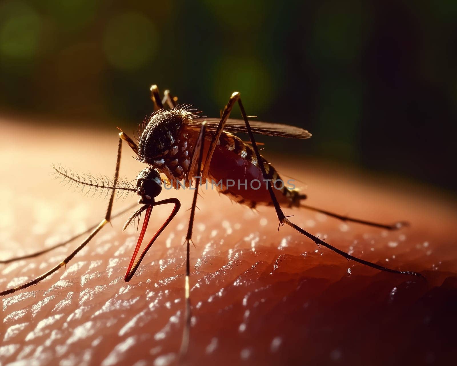 Mosquito with full of human blood in their body on white background, close up, dangerous zica virus aedes aegypti mosquito..