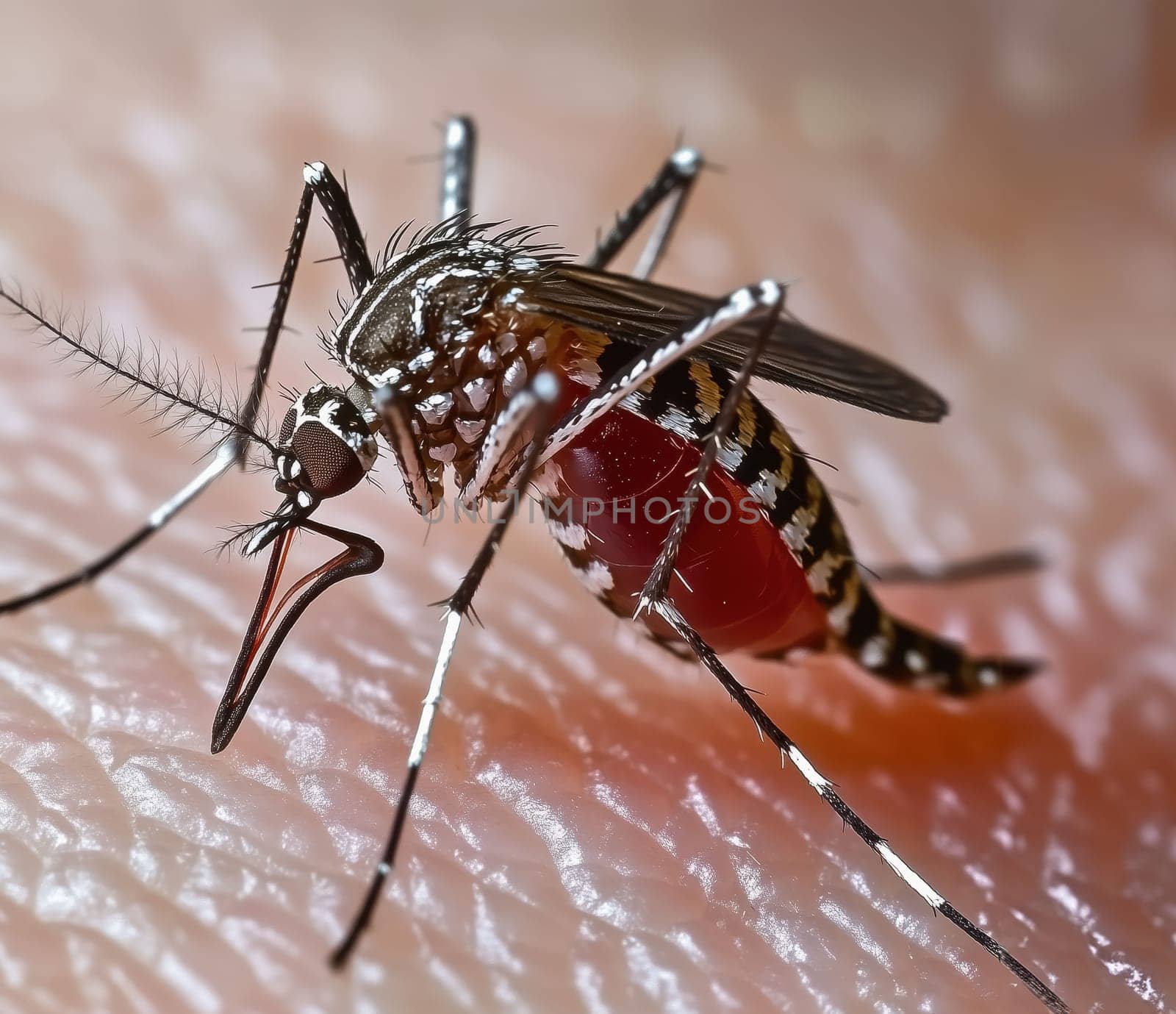 Mosquito with full of human blood in their body on white background, close up, dangerous zica virus aedes aegypti mosquito..