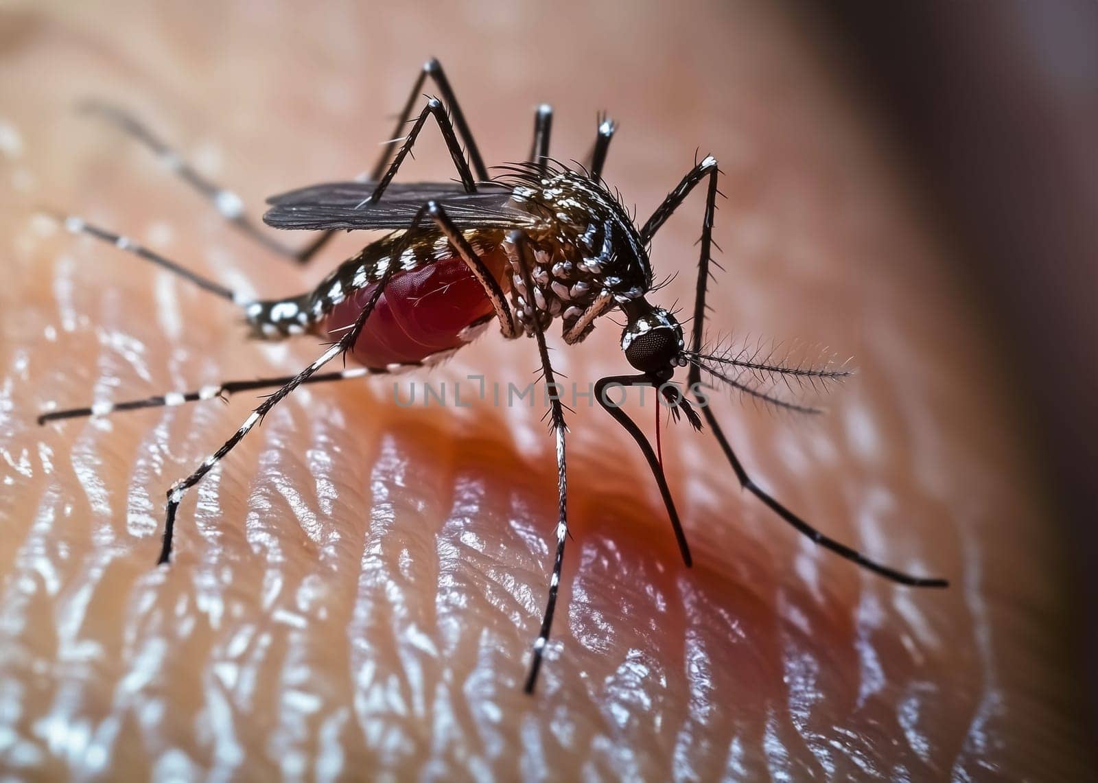 Zica virus aedes close up aegypti mosquito on human skin - Dengue, Chikungunya, Mayaro, Yellow fever --v 6.1 Job ID: 5de6c2cd-1ad8-4f92-90ce-24ee33cdc5f5