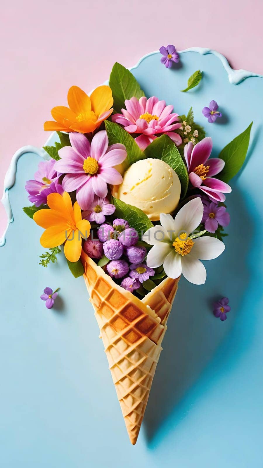 Spring Delight Description.A whimsical waffle cone brimming with the beauty of spring. Colorful flowers and lush greenery nestle inside a creamy, pastel-colored scoop of ice cream, blending nature and sweetness in a perfect springtime treat.