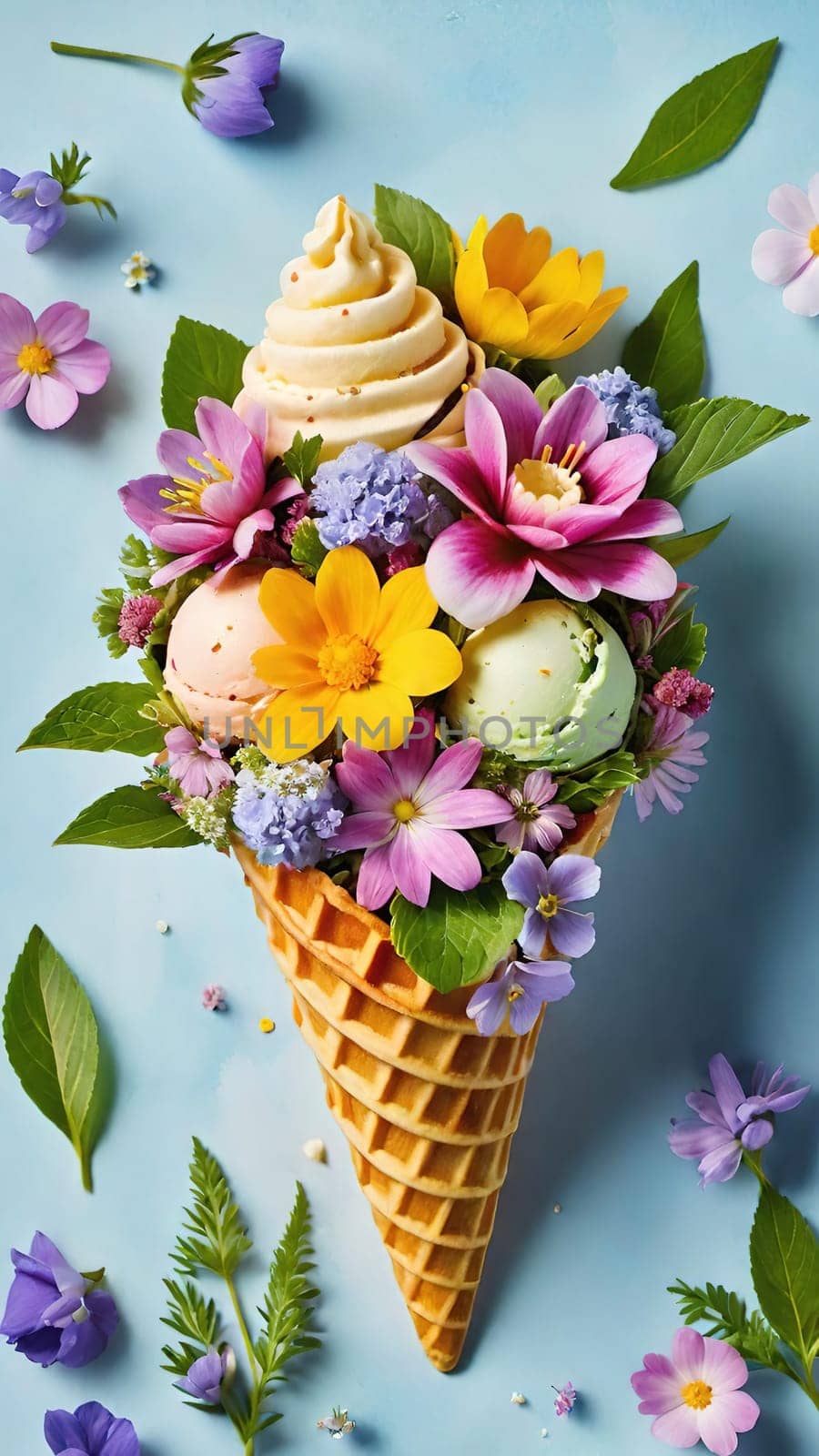 Spring Delight Description.A whimsical waffle cone brimming with the beauty of spring. Colorful flowers and lush greenery nestle inside a creamy, pastel-colored scoop of ice cream, blending nature and sweetness in a perfect springtime treat.