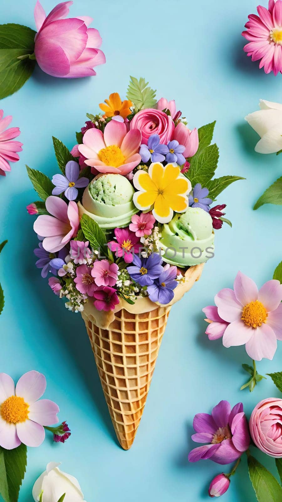 Spring Delight Description.A whimsical waffle cone brimming with the beauty of spring. Colorful flowers and lush greenery nestle inside a creamy, pastel-colored scoop of ice cream, blending nature and sweetness in a perfect springtime treat.