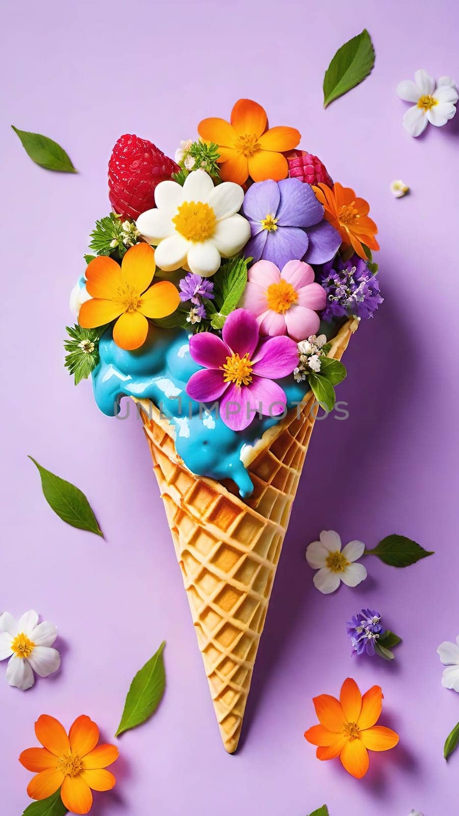 Spring Delight Description.A whimsical waffle cone brimming with the beauty of spring. Colorful flowers and lush greenery nestle inside a creamy, pastel-colored scoop of ice cream, blending nature and sweetness in a perfect springtime treat.