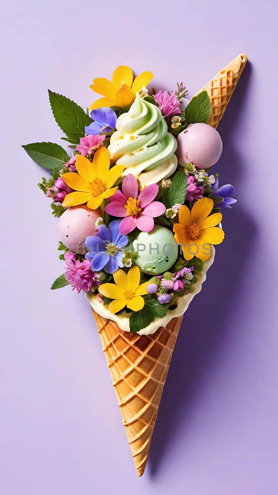 Spring Delight Description.A whimsical waffle cone brimming with the beauty of spring. Colorful flowers and lush greenery nestle inside a creamy, pastel-colored scoop of ice cream, blending nature and sweetness in a perfect springtime treat.