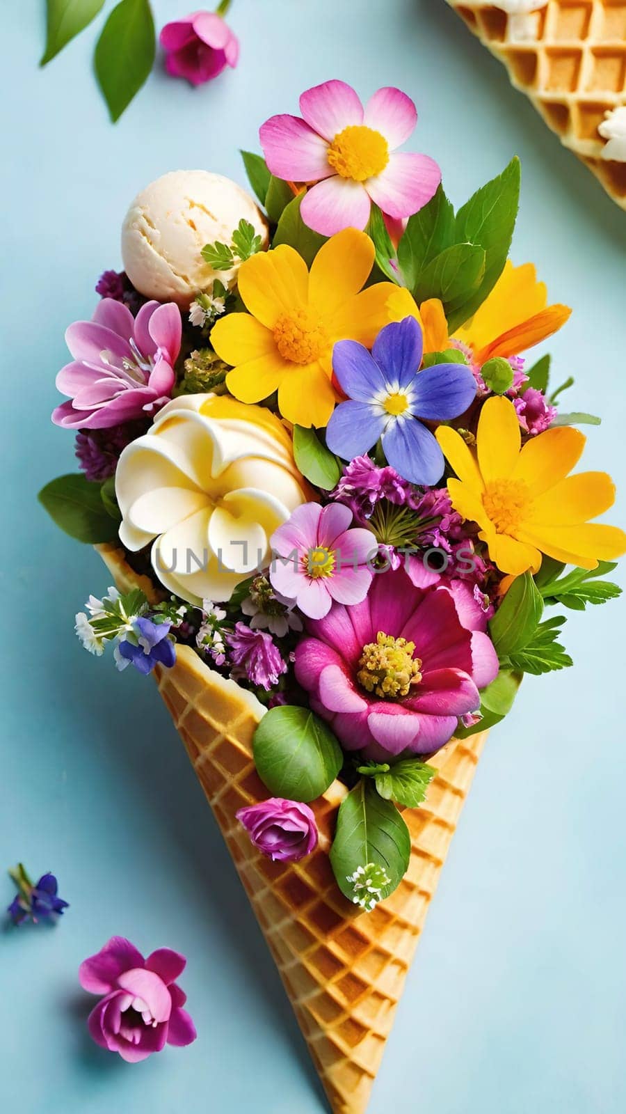 Spring Delight Description.A whimsical waffle cone brimming with the beauty of spring. Colorful flowers and lush greenery nestle inside a creamy, pastel-colored scoop of ice cream, blending nature and sweetness in a perfect springtime treat.