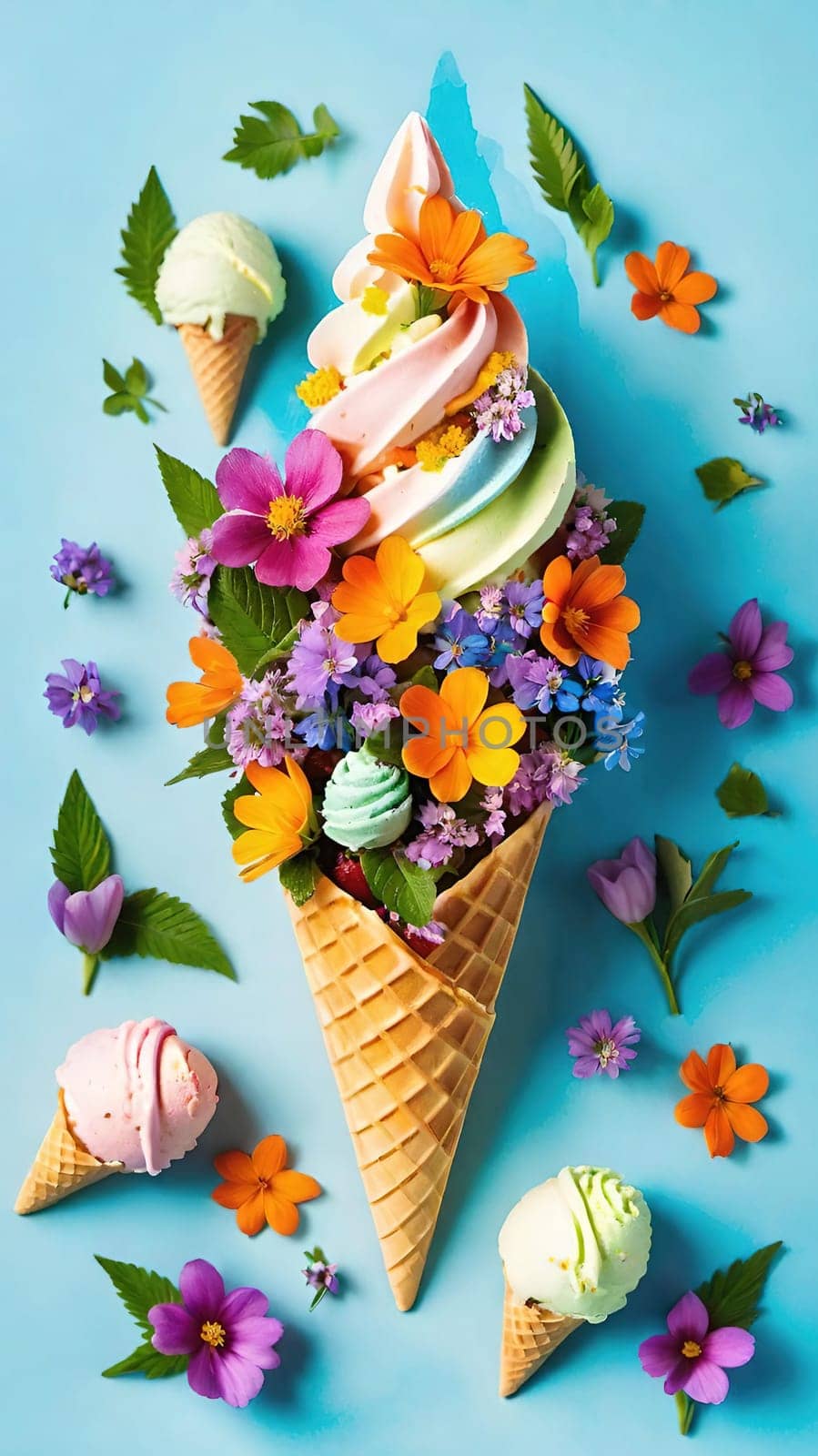 Spring Delight Description.A whimsical waffle cone brimming with the beauty of spring. Colorful flowers and lush greenery nestle inside a creamy, pastel-colored scoop of ice cream, blending nature and sweetness in a perfect springtime treat.