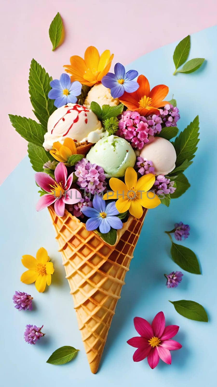 Spring Delight Description.A whimsical waffle cone brimming with the beauty of spring. Colorful flowers and lush greenery nestle inside a creamy, pastel-colored scoop of ice cream, blending nature and sweetness in a perfect springtime treat.