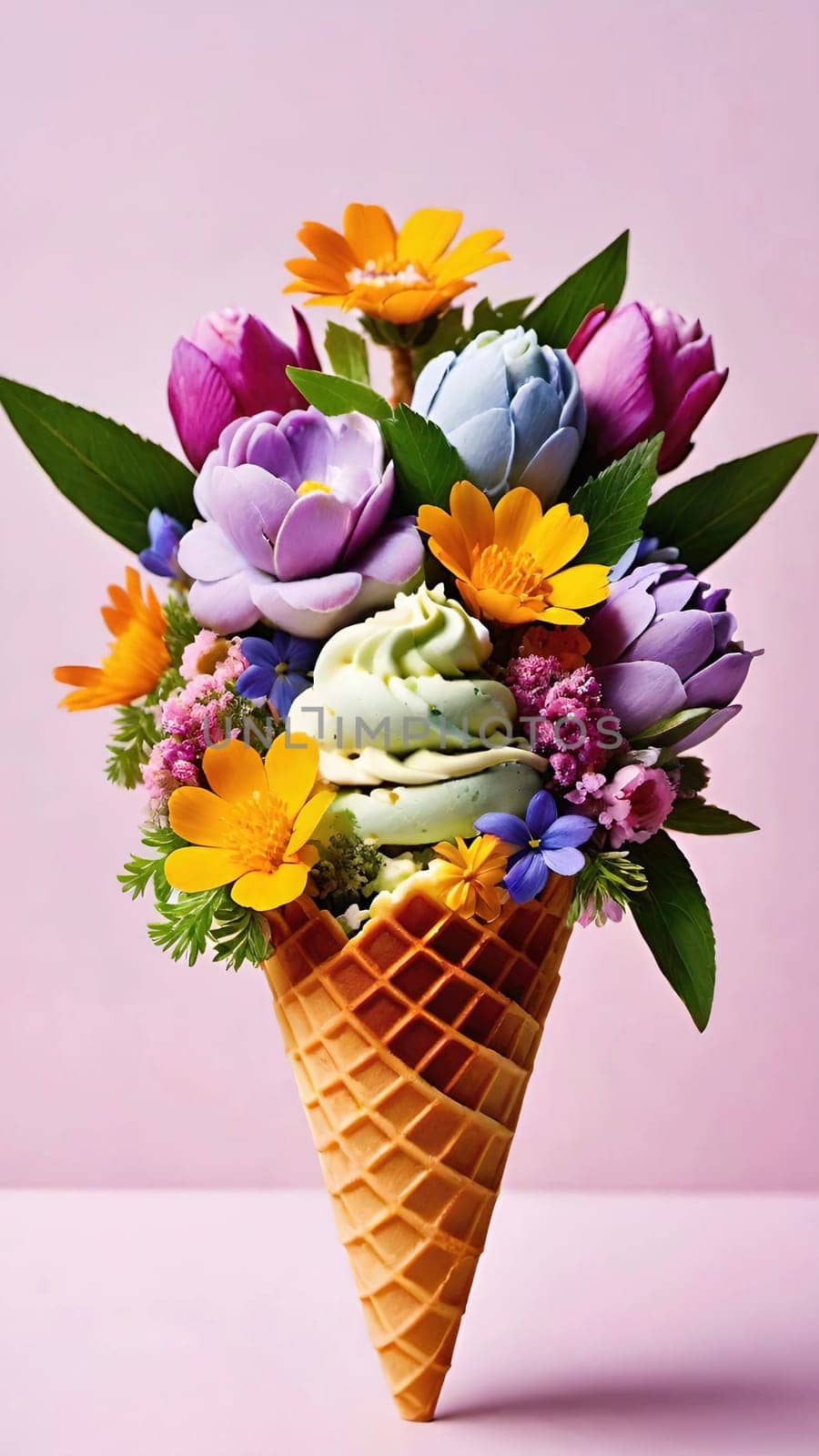 Spring Delight Description.A whimsical waffle cone brimming with the beauty of spring. Colorful flowers and lush greenery nestle inside a creamy, pastel-colored scoop of ice cream, blending nature and sweetness in a perfect springtime treat.