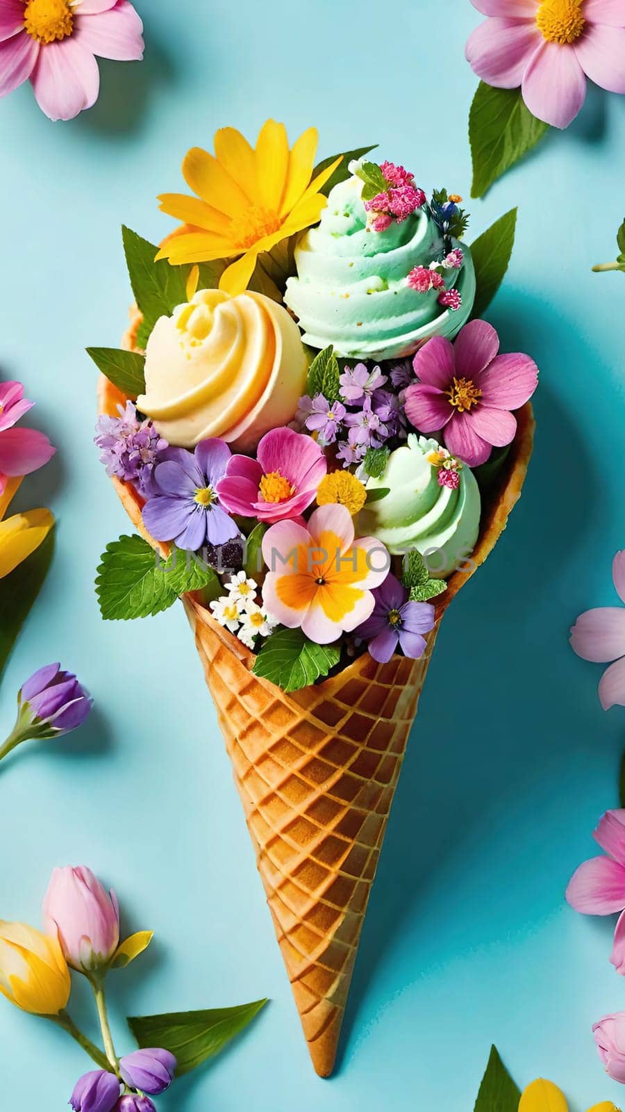 Spring Delight Description.A whimsical waffle cone brimming with the beauty of spring. Colorful flowers and lush greenery nestle inside a creamy, pastel-colored scoop of ice cream, blending nature and sweetness in a perfect springtime treat.
