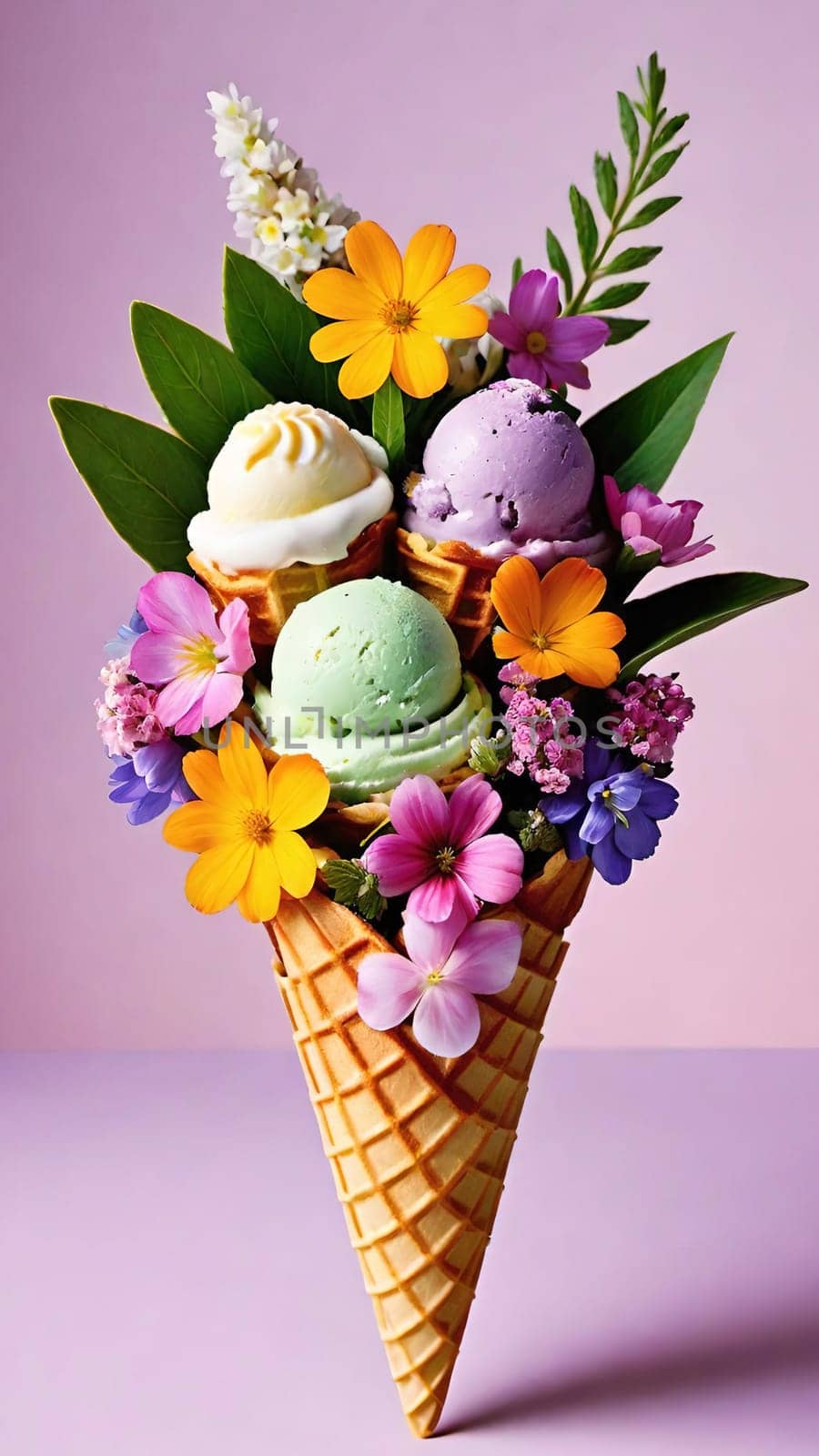 Spring Delight Description.A whimsical waffle cone brimming with the beauty of spring. Colorful flowers and lush greenery nestle inside a creamy, pastel-colored scoop of ice cream, blending nature and sweetness in a perfect springtime treat.
