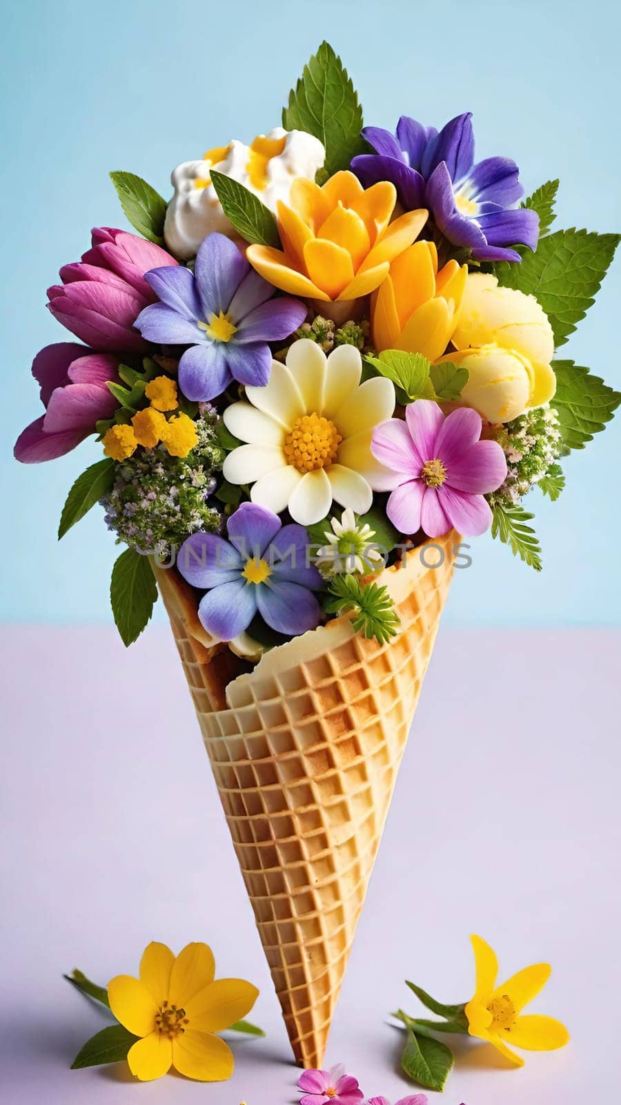Spring Delight Description.A whimsical waffle cone brimming with the beauty of spring. Colorful flowers and lush greenery nestle inside a creamy, pastel-colored scoop of ice cream, blending nature and sweetness in a perfect springtime treat.