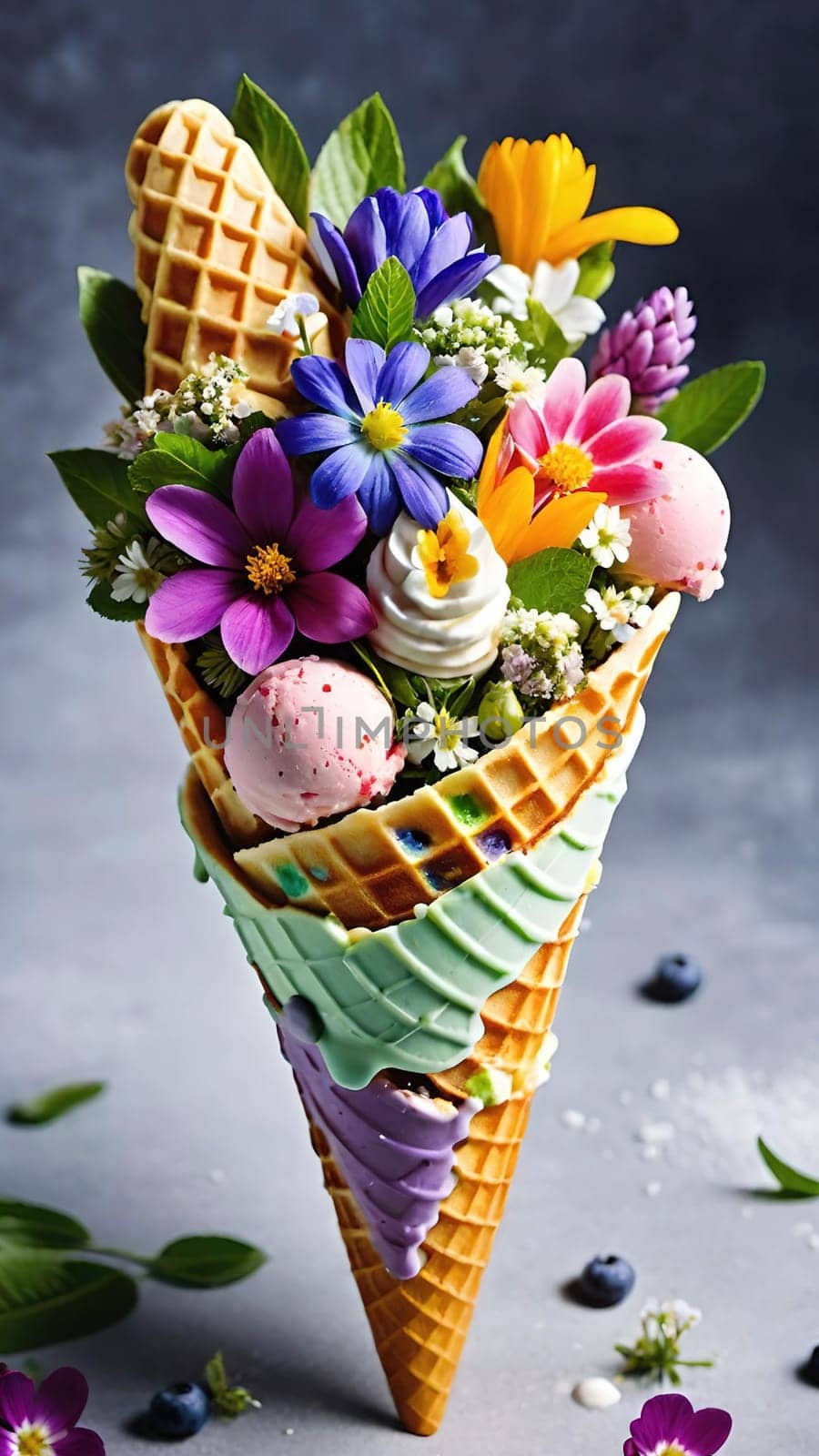 Spring Delight Description.A whimsical waffle cone brimming with the beauty of spring. Colorful flowers and lush greenery nestle inside a creamy, pastel-colored scoop of ice cream, blending nature and sweetness in a perfect springtime treat.