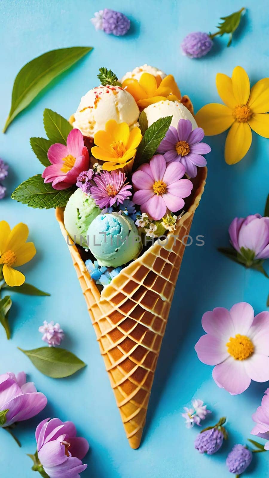 Spring Delight Description.A whimsical waffle cone brimming with the beauty of spring. Colorful flowers and lush greenery nestle inside a creamy, pastel-colored scoop of ice cream, blending nature and sweetness in a perfect springtime treat.