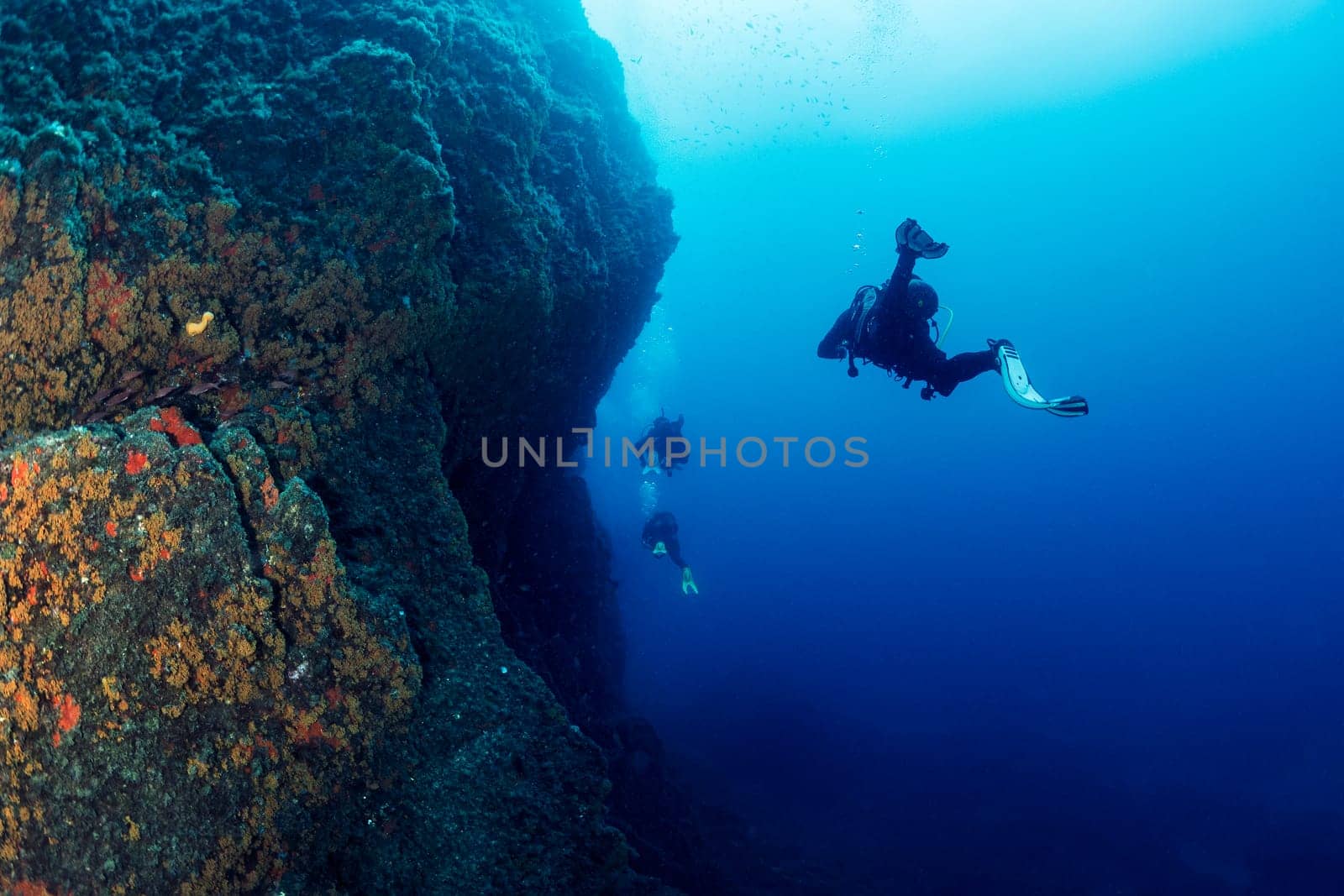 three scuba divers in wetsuit diving near of a wall of rough rocky formation in deep blue sea with clear water, concept of active leisure in ocean and underwater adventure, copyspace for text