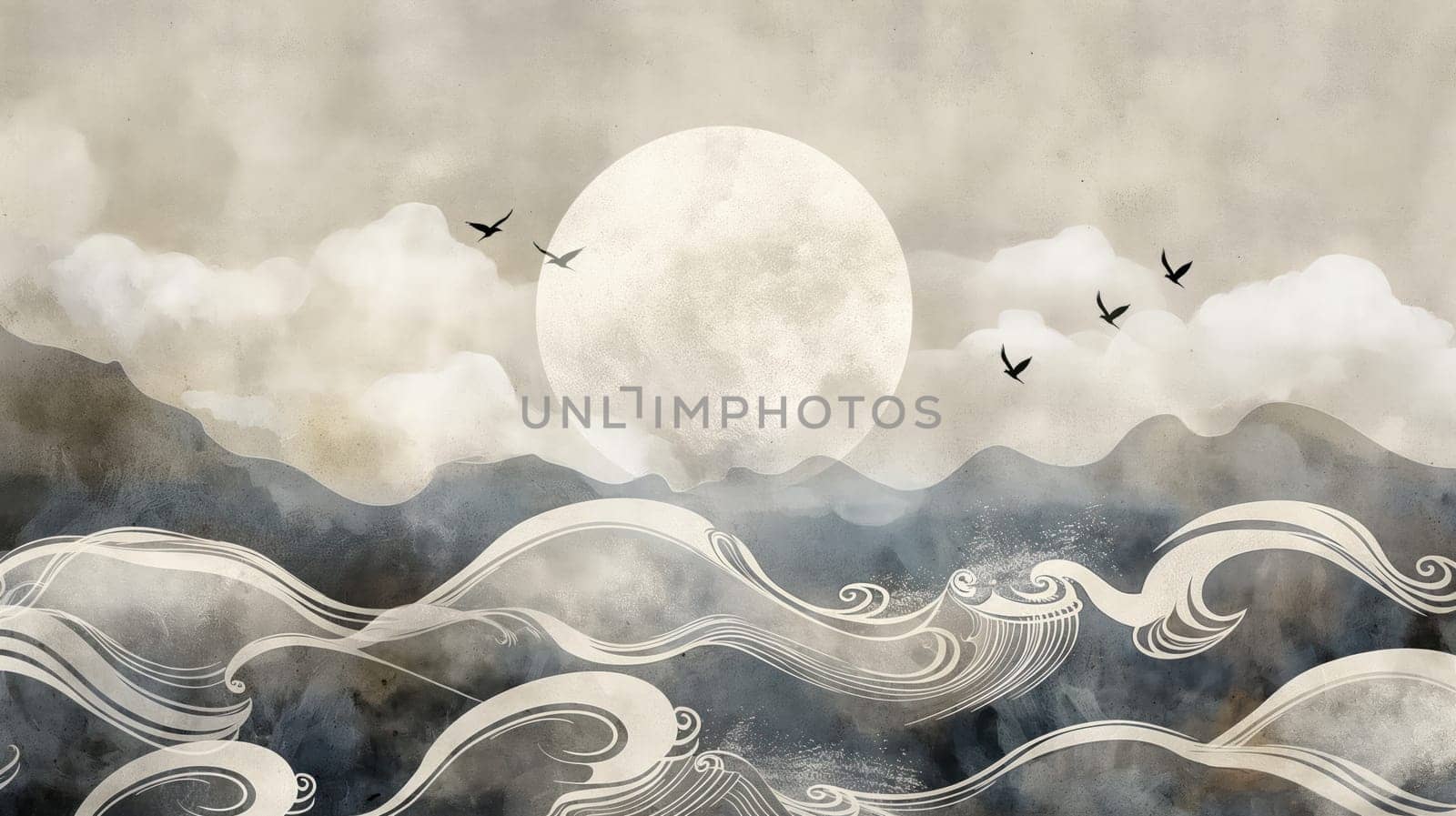 The sea with waves and the moon in oriental style. Generative AI design