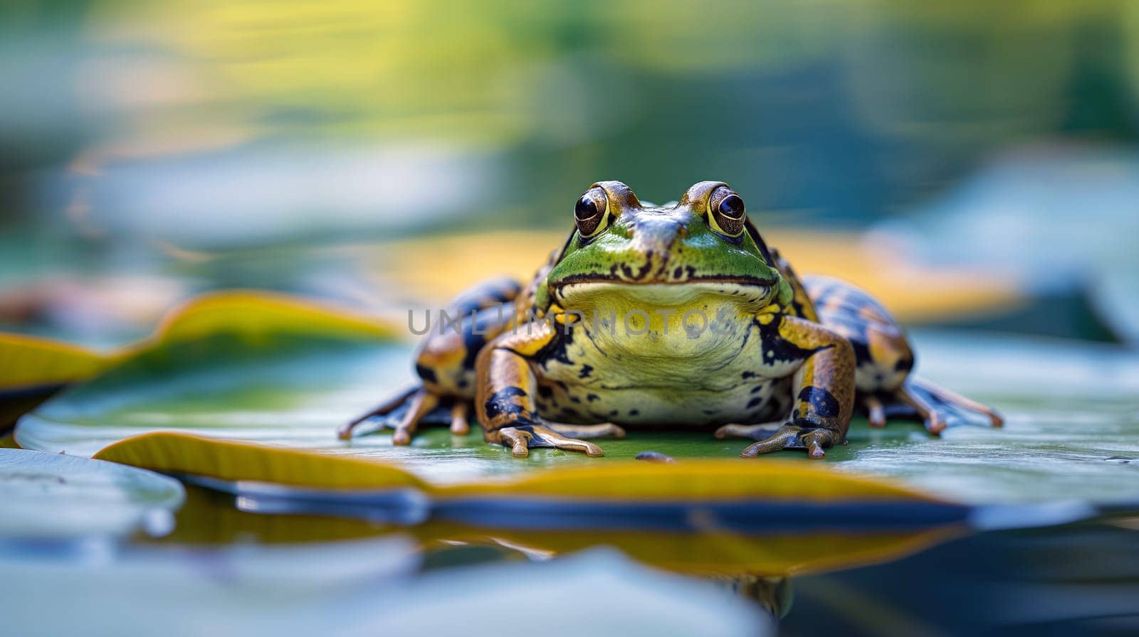 A green frog sits peacefully on vibrant lily pads, surrounded by water, as sunlight highlights its colorful patterns in a serene pond - Generative AI