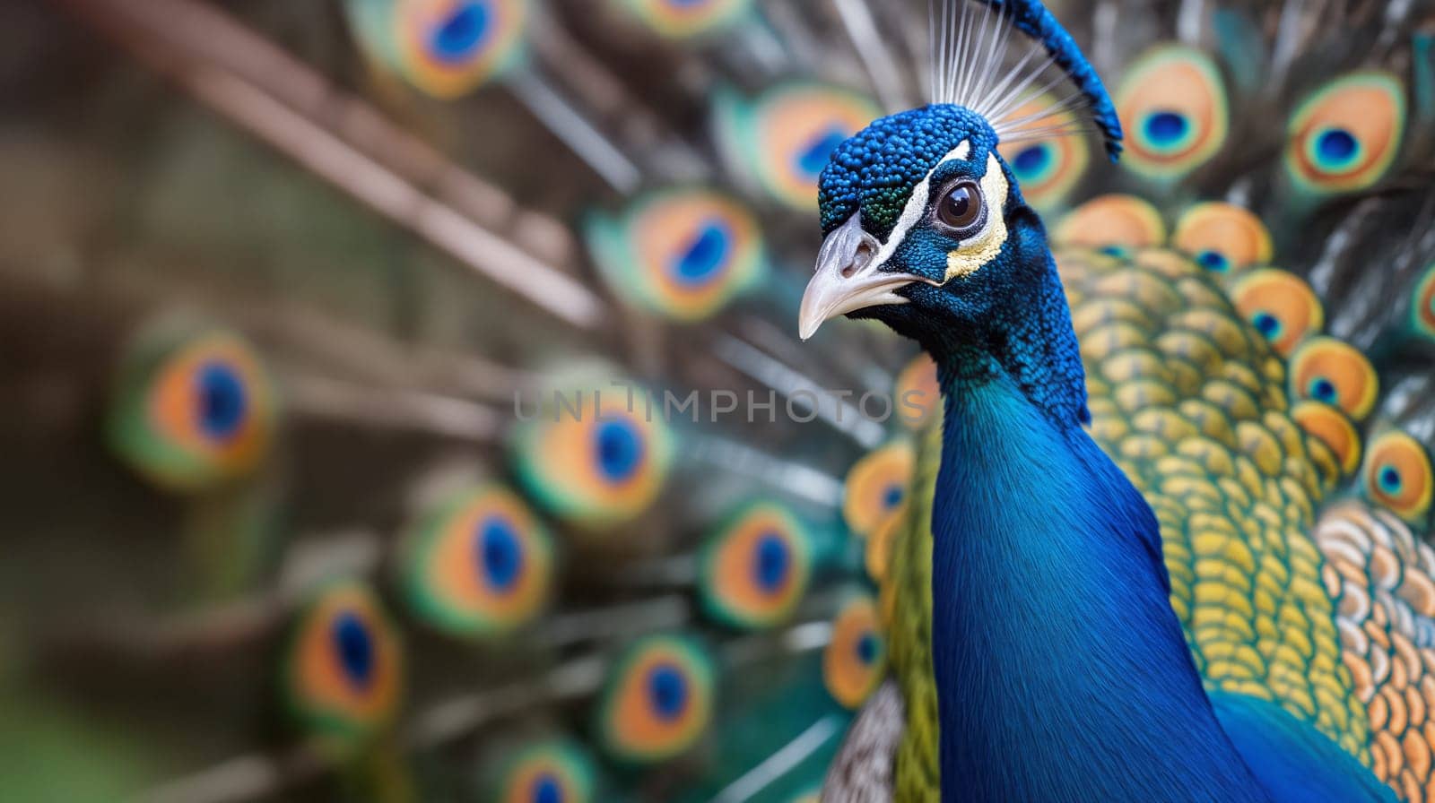 A vibrant peacock shows off its dazzling feathers in a serene garden setting, illuminated by soft sunlight. Its striking colors captivate onlookers - Generative AI