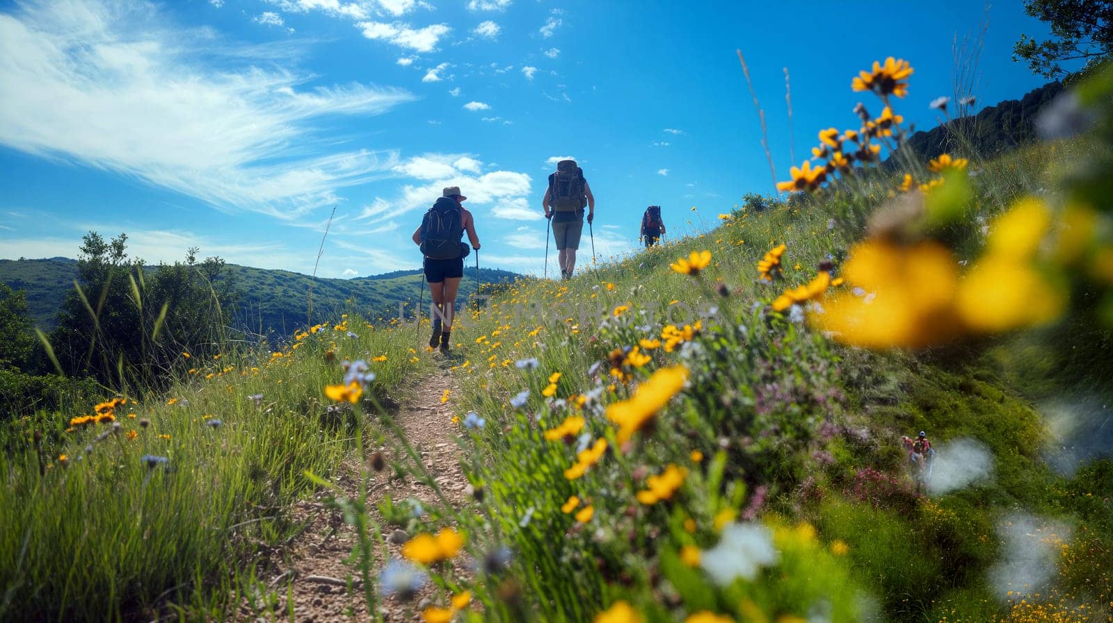 Three hikers traverse a winding dirt path lined with colorful wildflowers under a clear blue sky, enjoying nature on a sunny day - Generative AI
