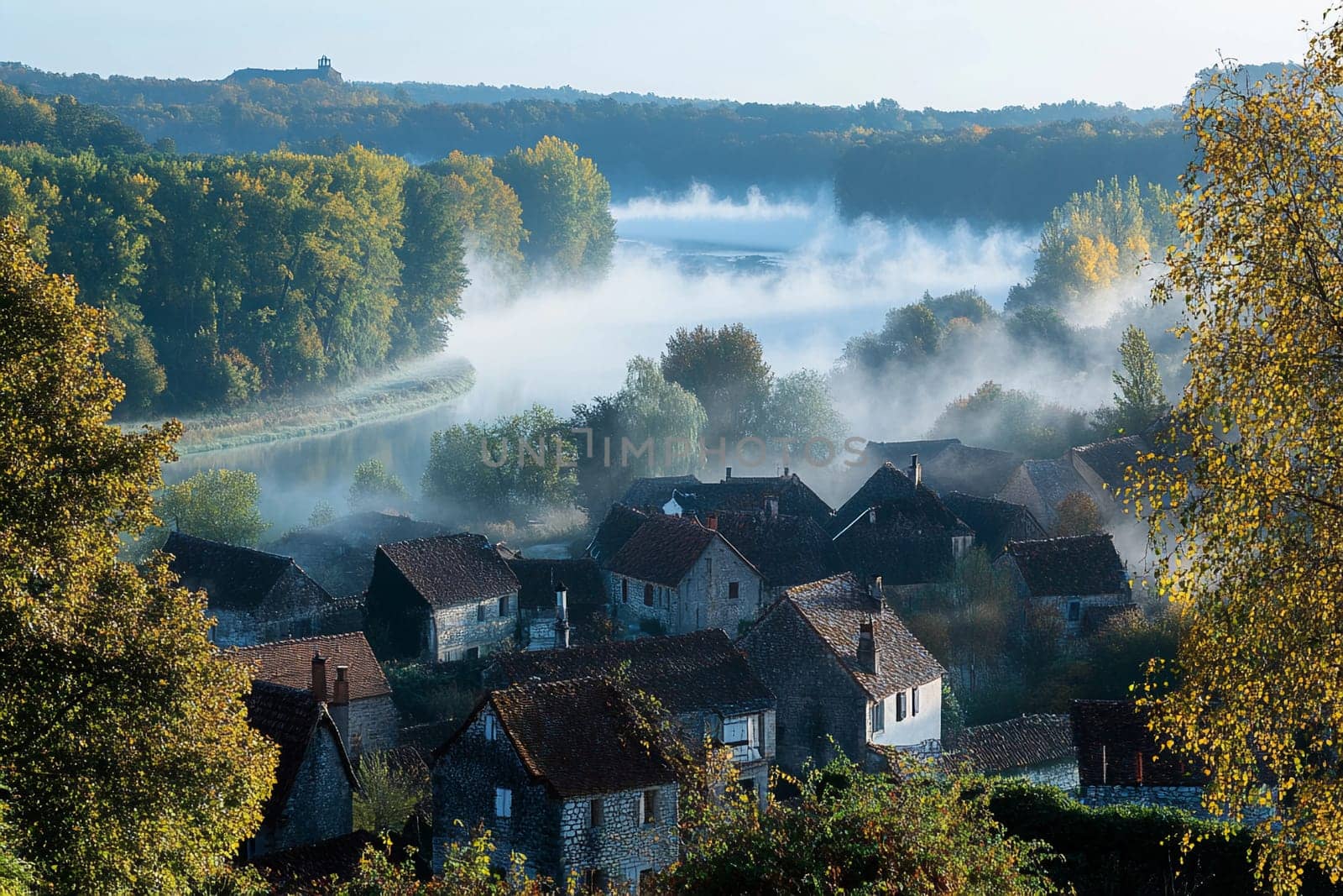 Morning fog shrouds a serene village nestled by the river, creating a mystical atmosphere with colorful trees in the background.
