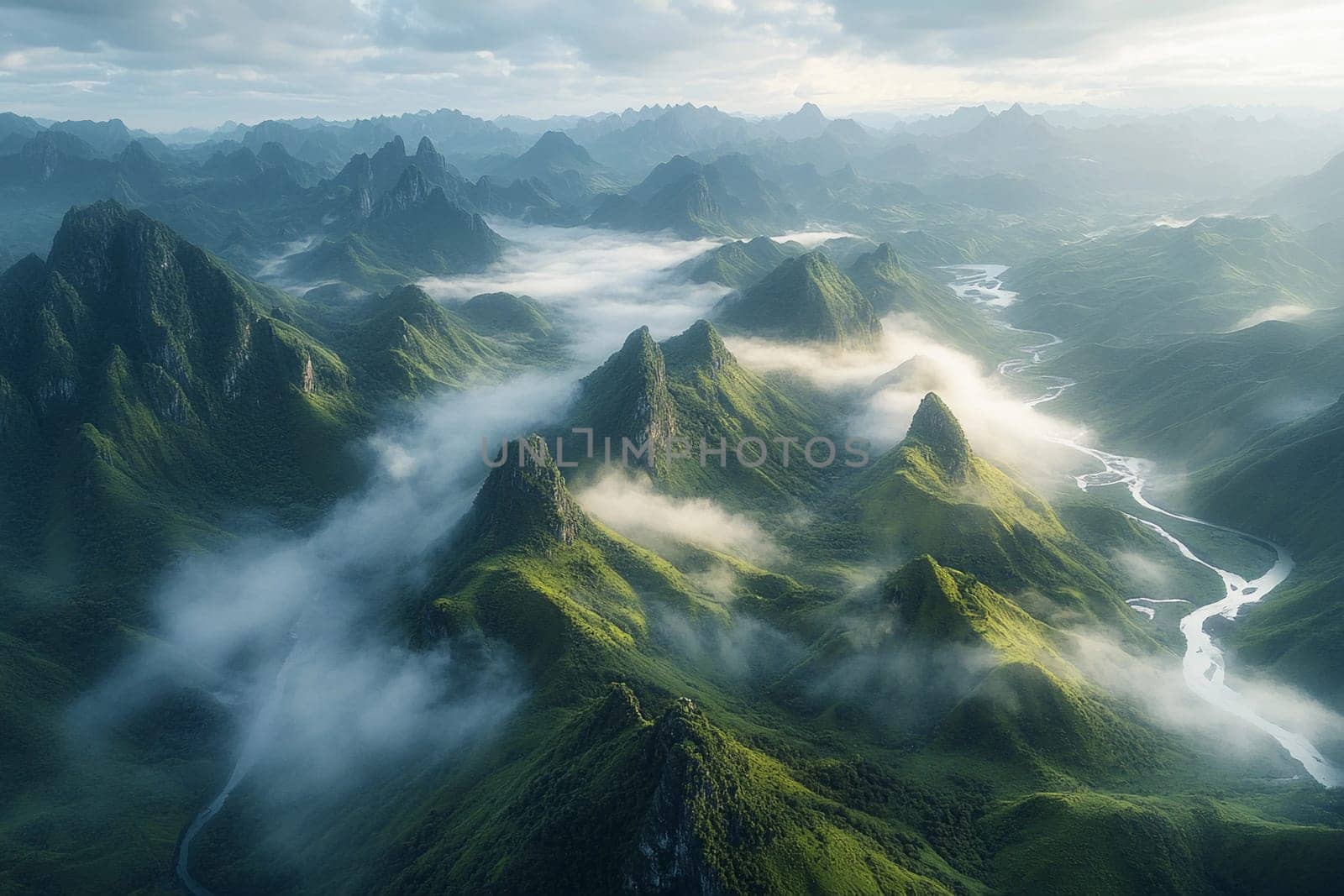 Rolling fog blankets the lush green mountains, revealing winding rivers under a soft, early morning light, creating a serene atmosphere.