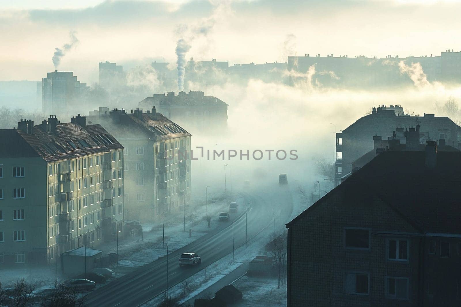 Dense fog blankets urban buildings and streets, creating an atmospheric scene of tranquility and mystery during the early morning hours.