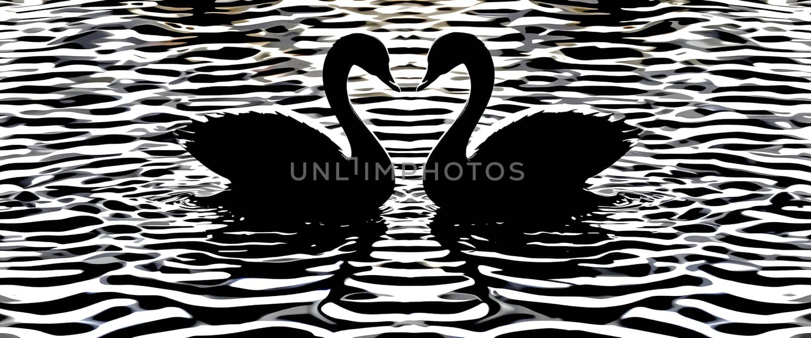 Silhouetted swans gracefully entwine necks, forming a heart on rippled water, whispering eternal love amidst tranquil waves.