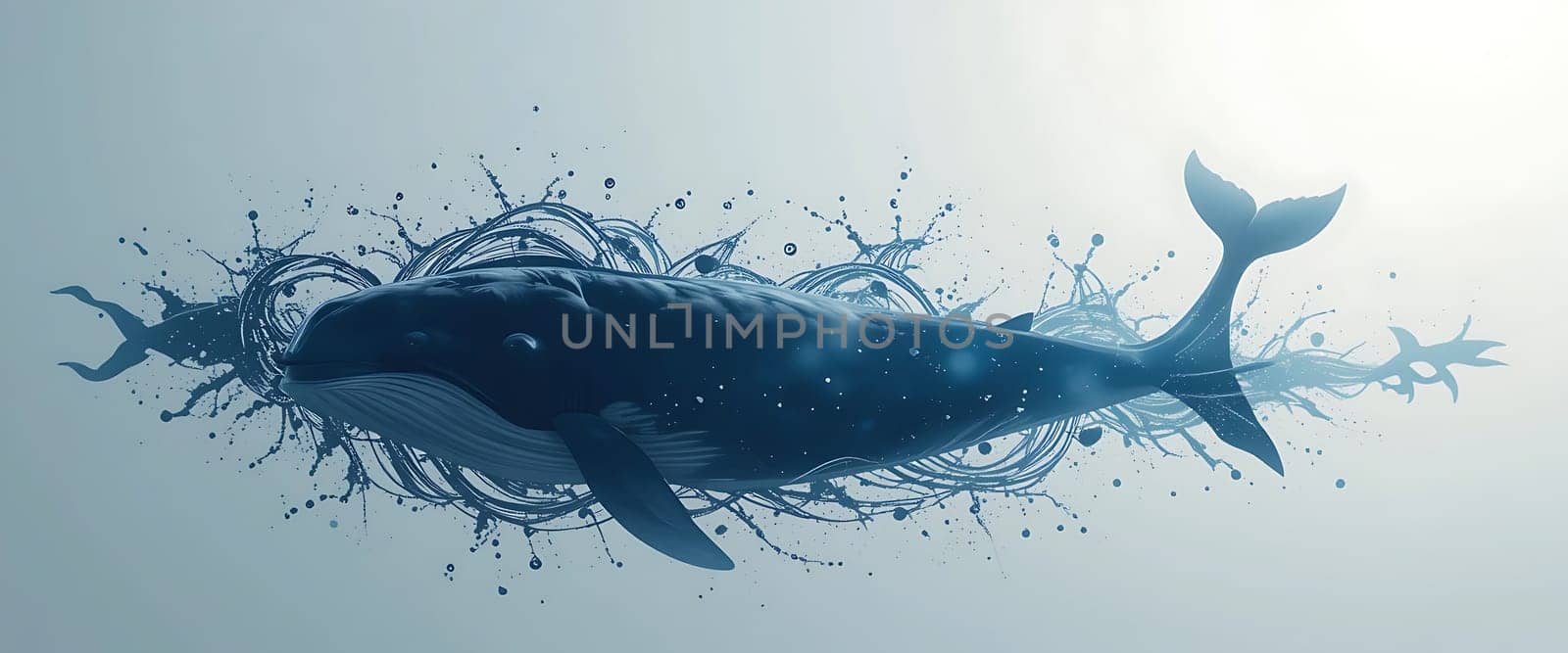 A majestic whale dances amidst splashing waves, its graceful form merging with the water's embrace. Serene yet powerful, it evokes a sense of awe and freedom in the endless blue expanse.