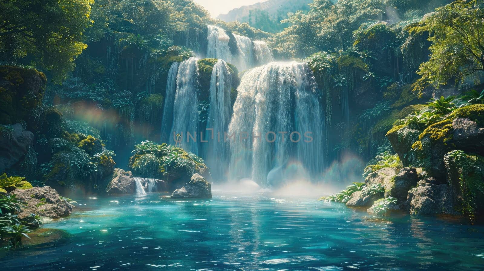 A stunning waterfall cascades into a serene blue pool, surrounded by vibrant greenery, ideal for nature lovers