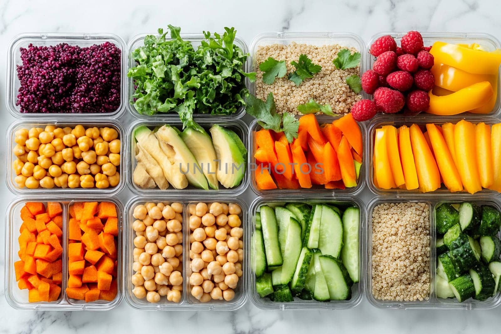 Meal prep containers display a vibrant assortment of fresh vegetables, fruits, and grains, perfect for various diet types.
