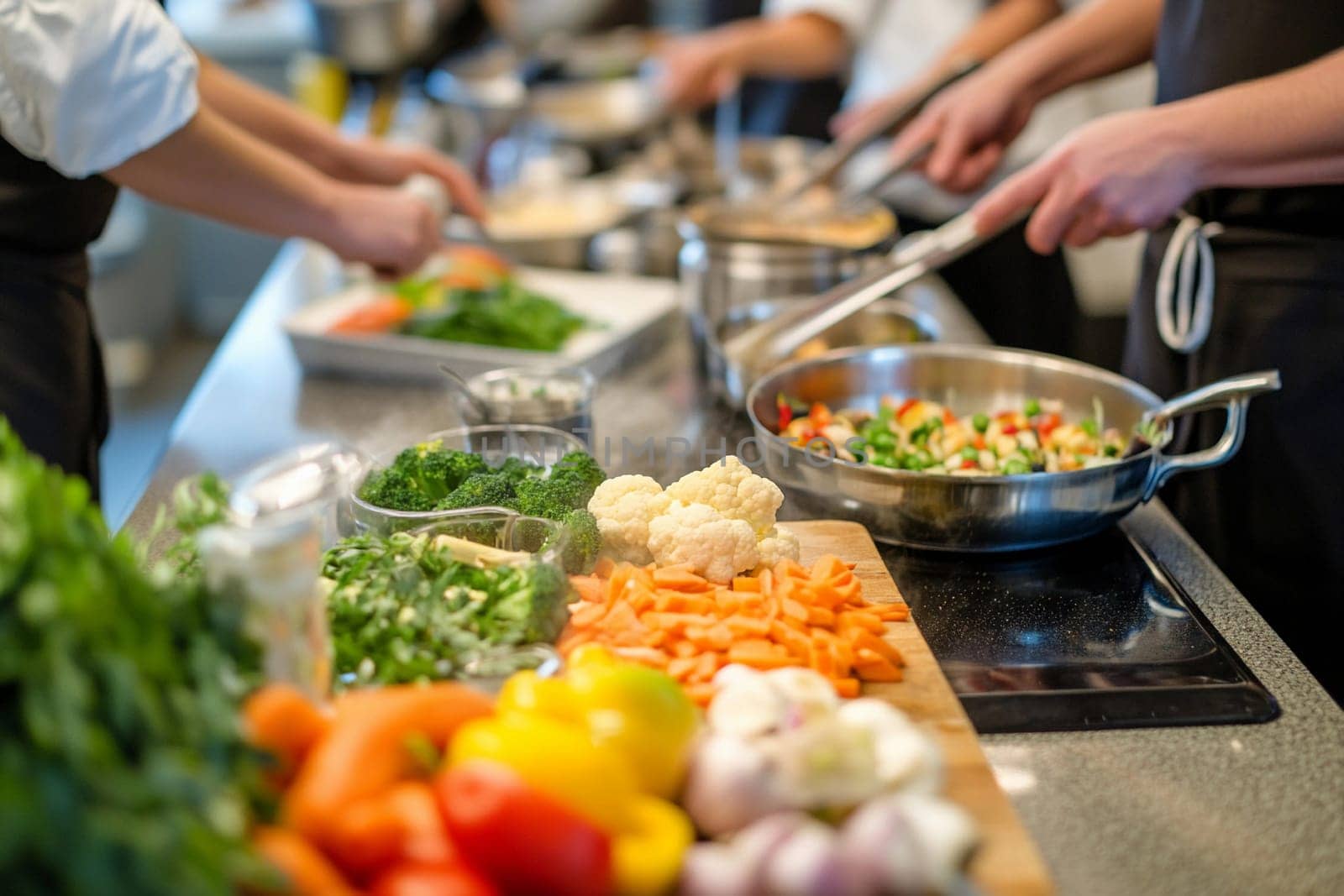 Culinary professionals chop and cook vibrant vegetables, creating nutritious dishes focused on vegetarian and vegan diets.