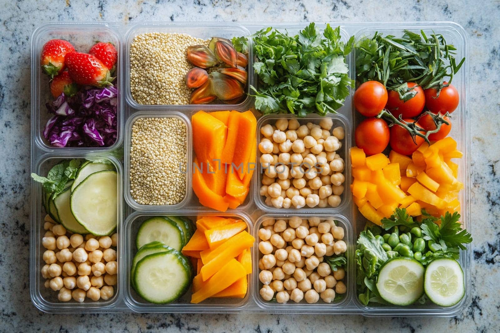 Fresh vegetables, legumes, and fruits neatly organized in containers, ready for meal prepping in a modern kitchen setting.