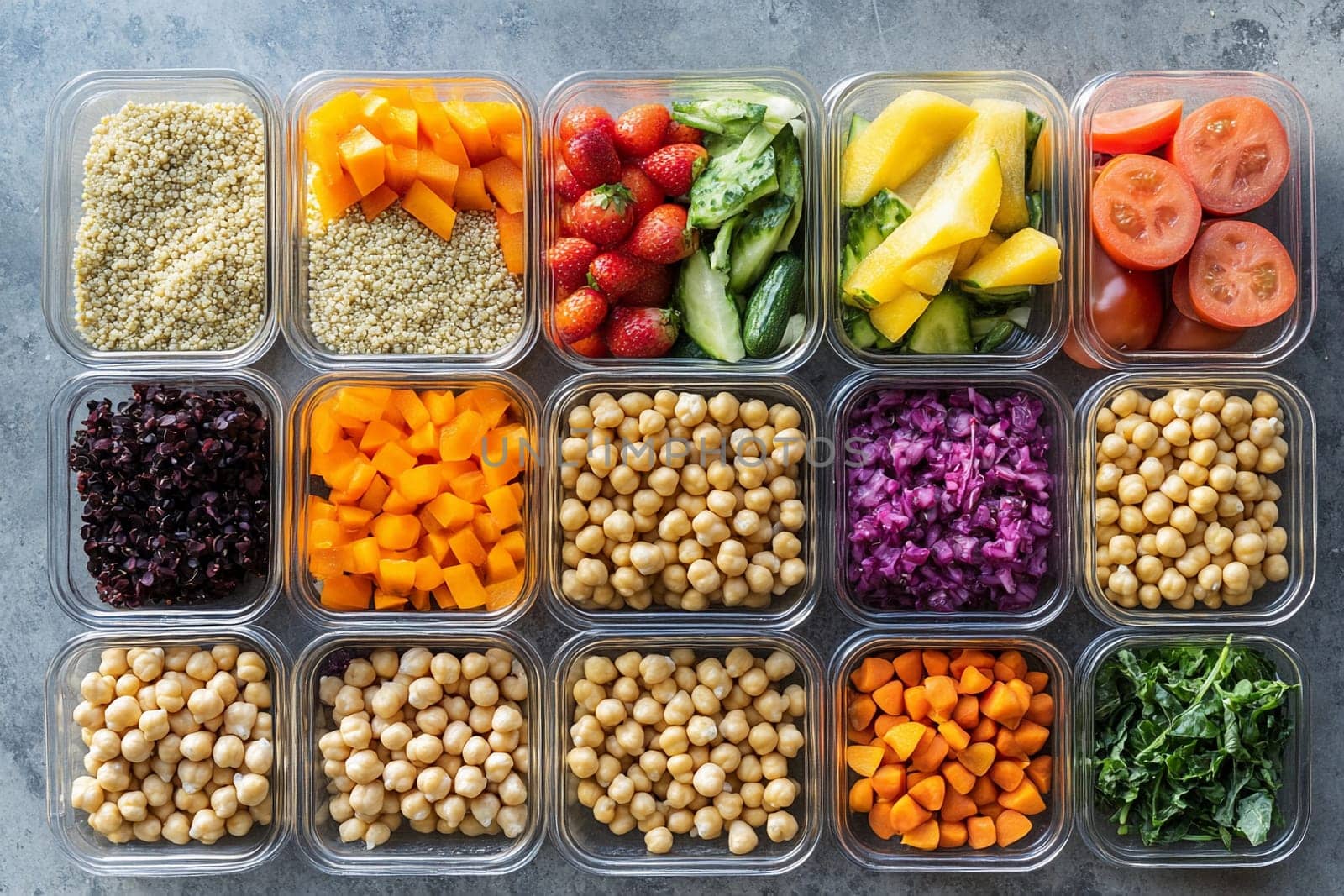 Colorful meal prep with grains, legumes, and fresh vegetables arranged in containers, showcasing options for various diets.