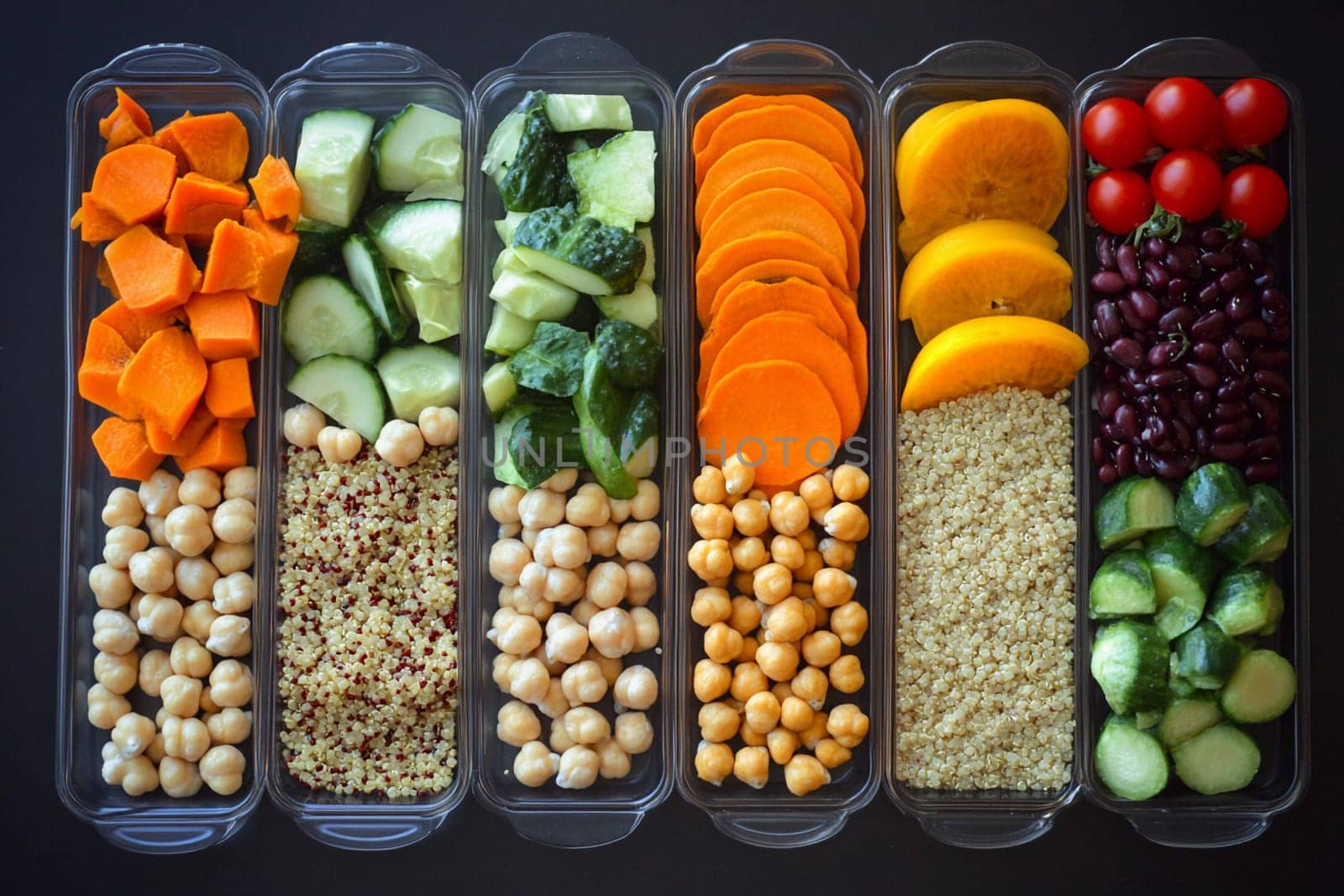 Colorful ingredients are arranged in containers, showcasing a balanced selection for meal prep, emphasizing healthy eating habits.
