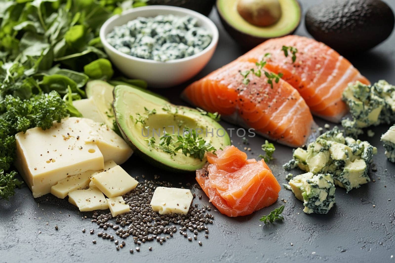 Fresh ingredients arranged for a nutritious meal, highlighting options like salmon, avocado, cheese, and leafy greens in an inviting kitchen setting.
