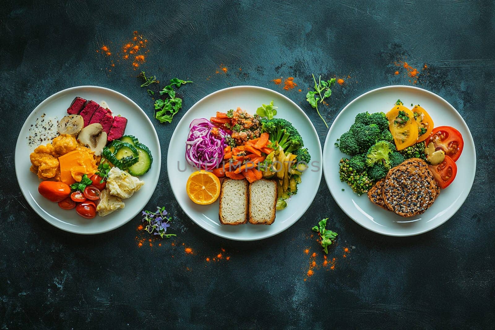 Three distinct plates feature vibrant plant-based meals highlighting vegetarian, vegan, and keto diets with fresh ingredients.