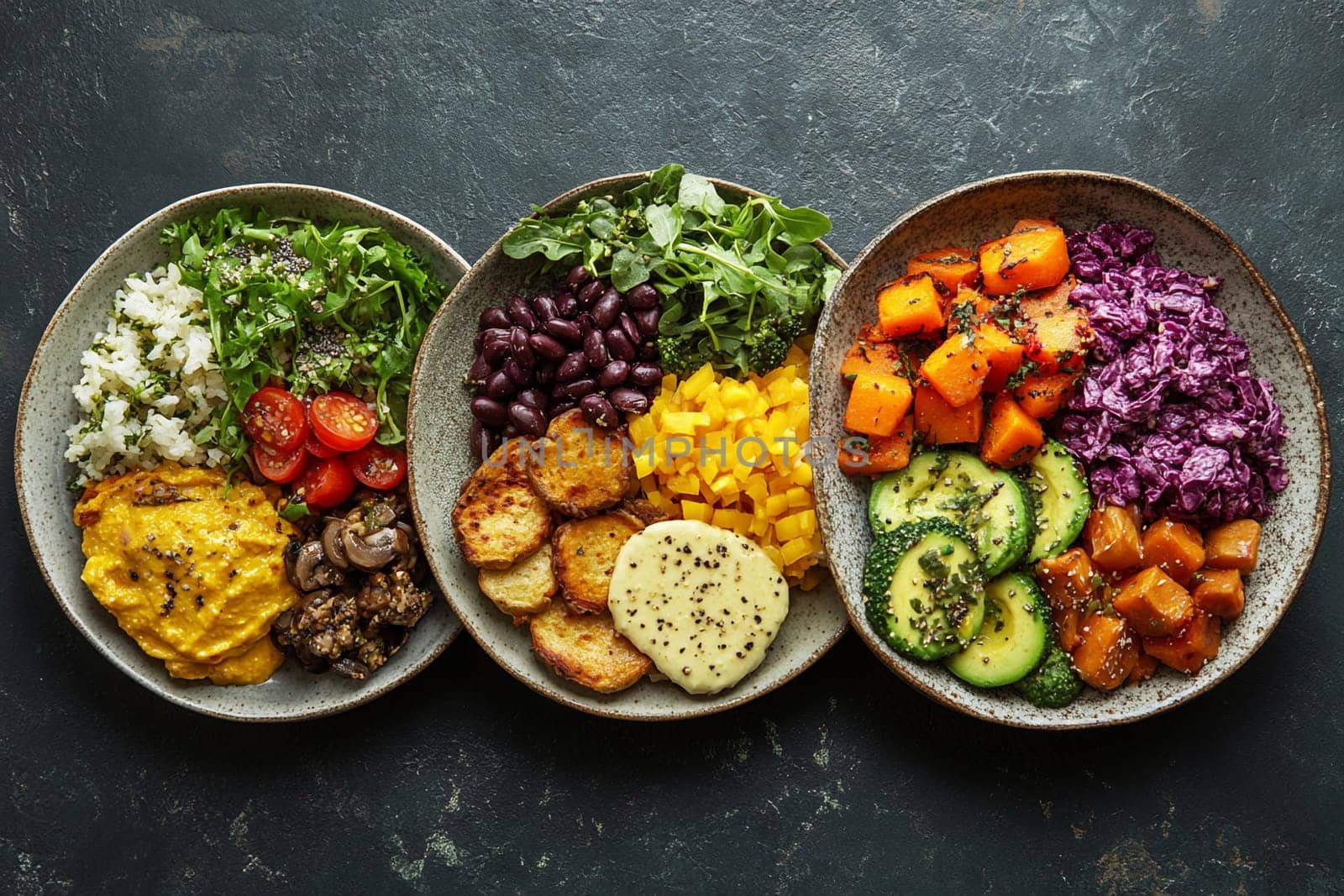 Three plates filled with a variety of plant-based foods showcase fresh vegetables, grains, and healthy proteins prepared in an artistic arrangement.
