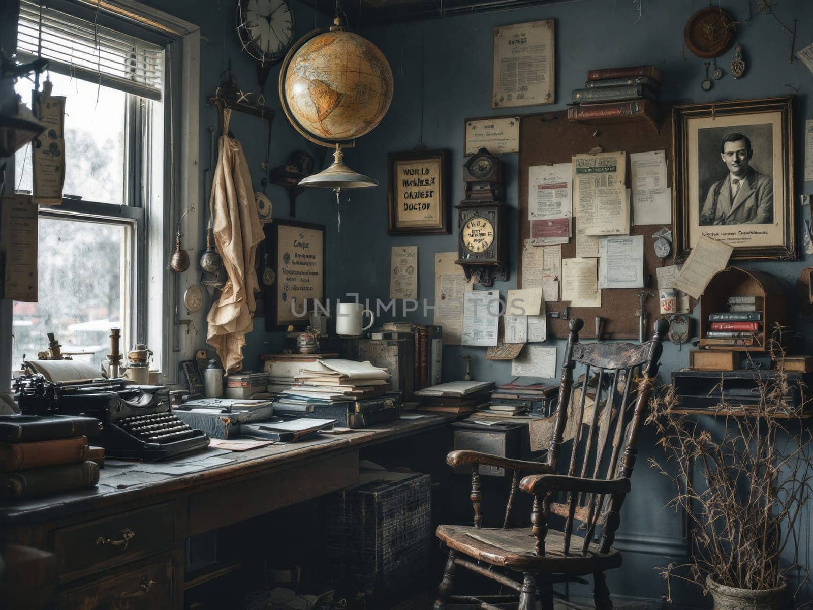 Vintage writer's room with antique typewriter, globe, and memorabilia pinned to a corkboard evoking a nostalgic atmosphere. Ai generated