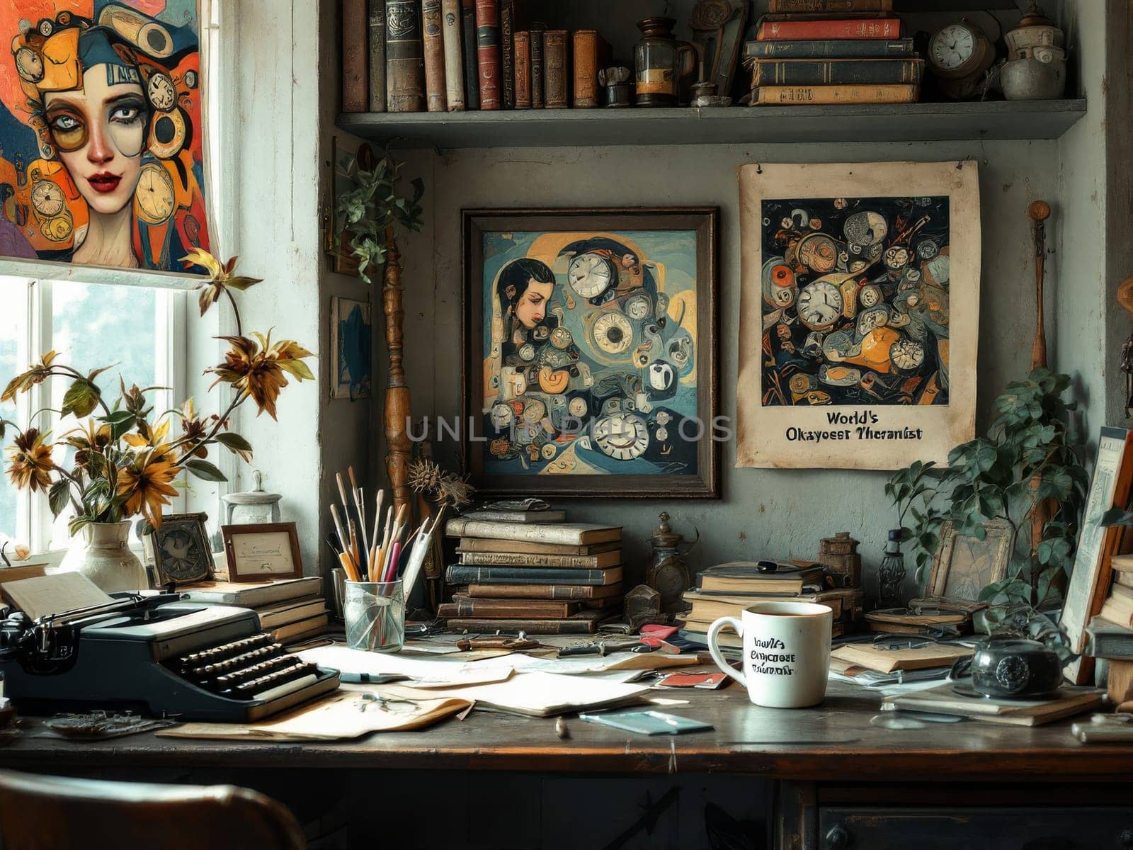 Vintage artistic workspace featuring a typewriter, clock-themed artwork, and a humorous World's Okayest Therapist poster, creating a quirky atmosphere. Ai generated