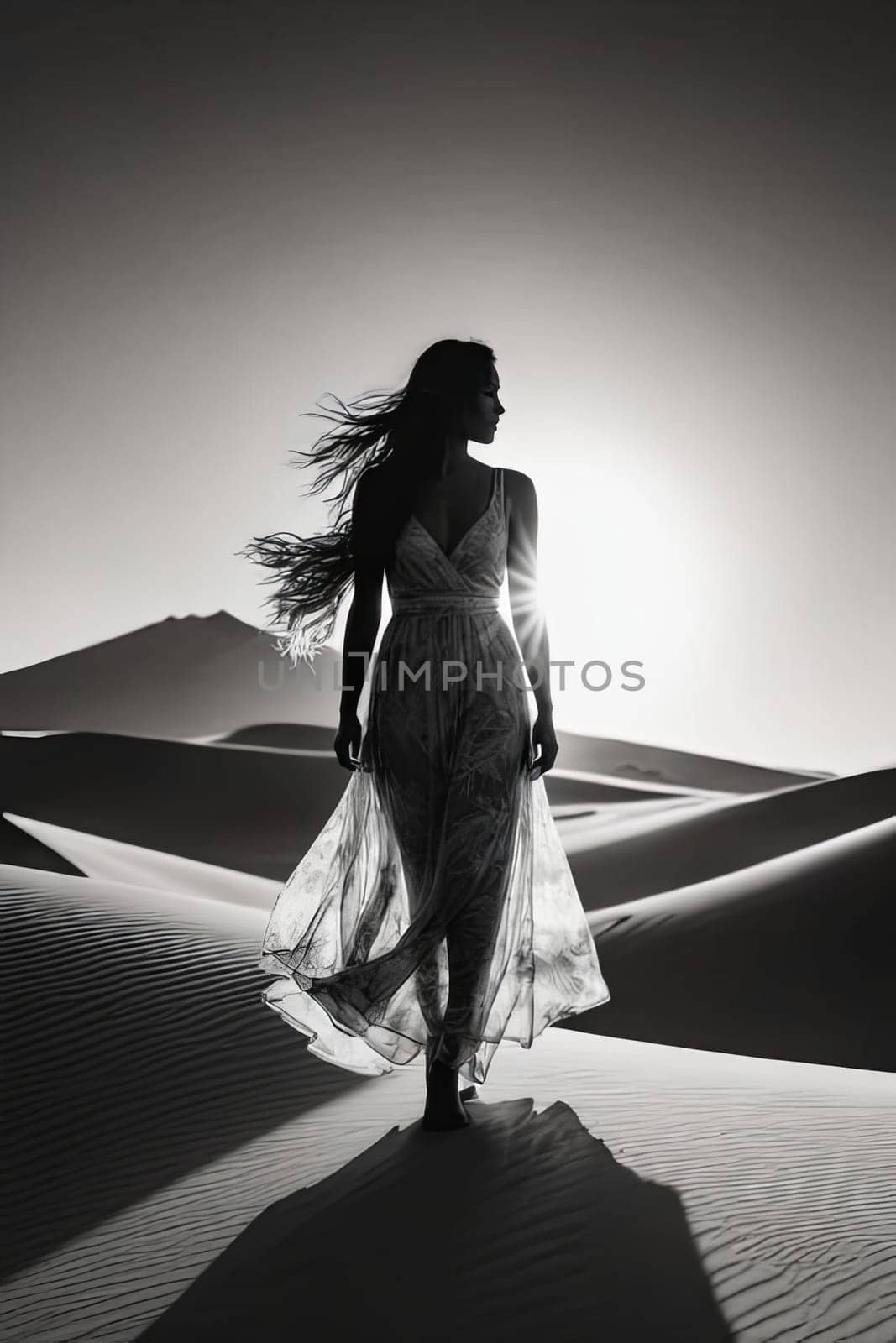 Mesmerizing image of woman in flowing gown, set against radiant moon. Soft winds create magical effect, highlighting her silhouette and evoking emotions of freedom and tranquility