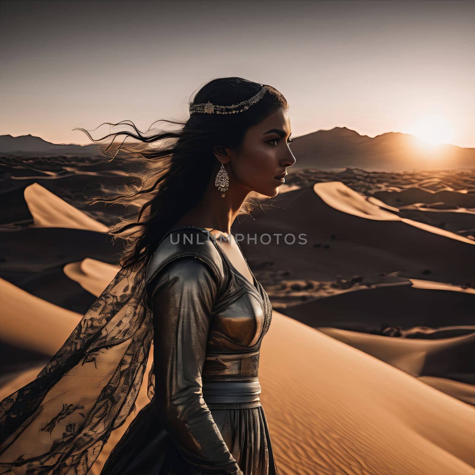 Striking profile of woman in black dress, illuminated by moonlight. Wind tousles her hair as she gazes toward horizon, capturing elegance and strength against serene desert landscape