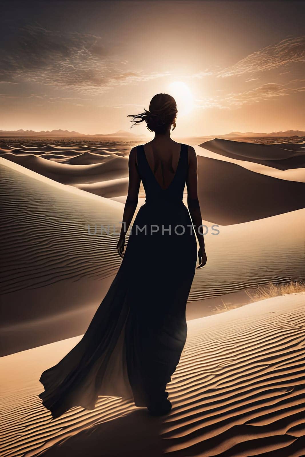 Striking silhouette of woman in flowing gown, set against dramatic moonlit sky. Wind tousles her hair, enhancing the ethereal quality of the moment in a vast, serene landscape
