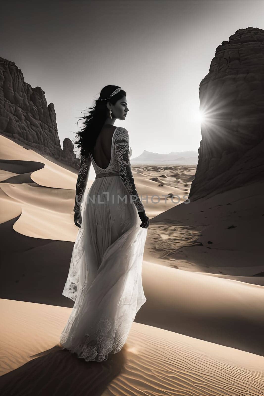 Enchanting portrayal of woman in silhouette, surrounded by moonlit dunes. Flowing hair and dress create a captivating image, symbolizing beauty, grace, and the magic of the night