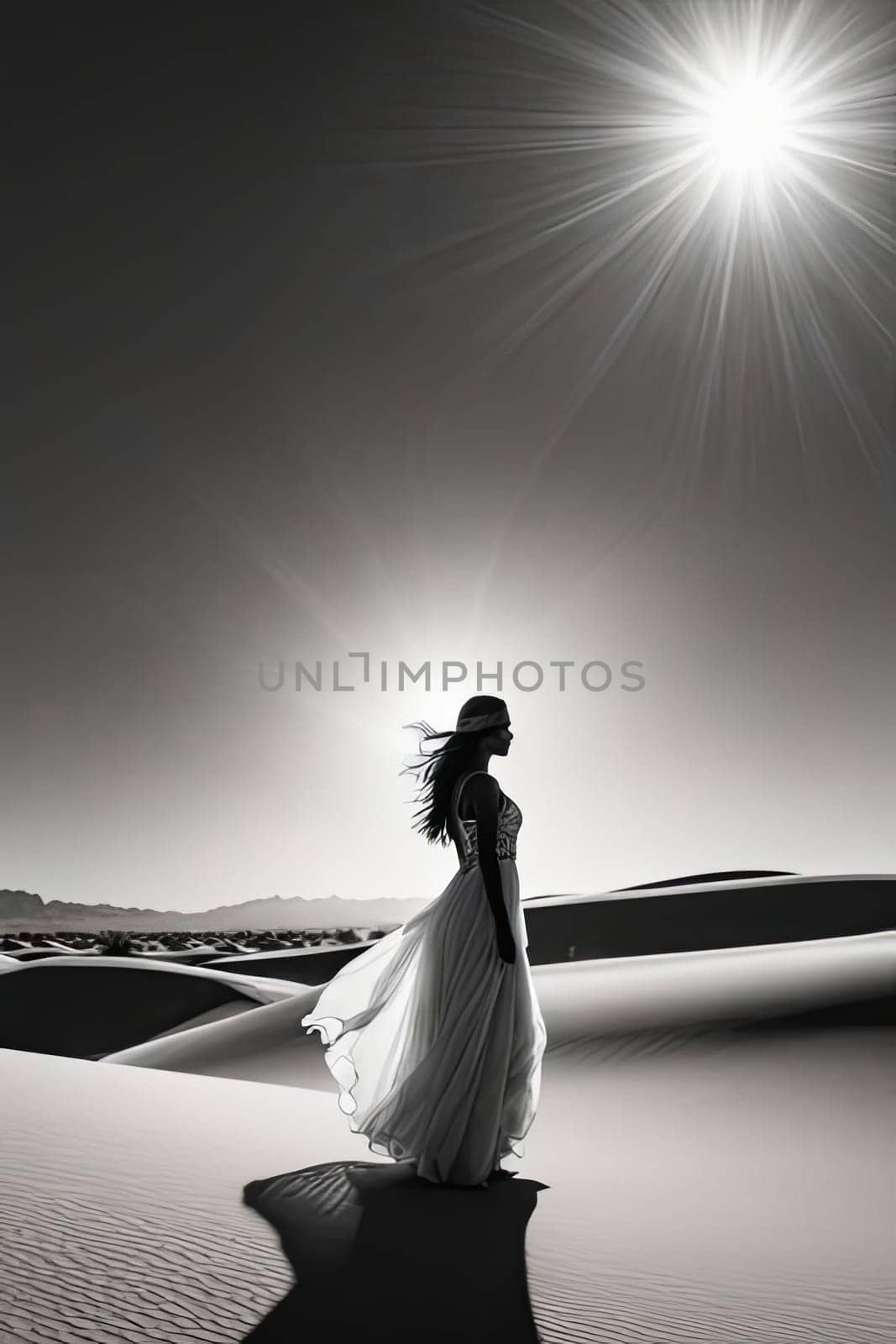 Striking profile of woman in black dress, illuminated by moonlight. Wind tousles her hair as she gazes toward horizon, capturing elegance and strength against serene desert landscape