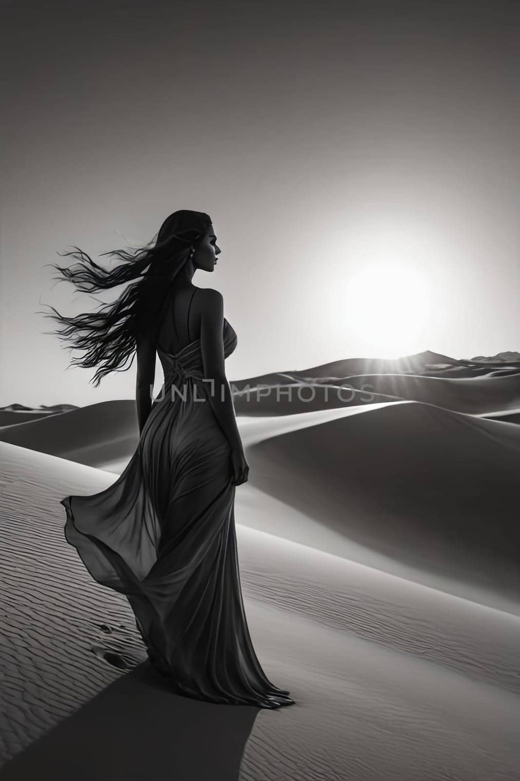 Mesmerizing image of woman in flowing gown, set against radiant moon. Soft winds create magical effect, highlighting her silhouette and evoking emotions of freedom and tranquility