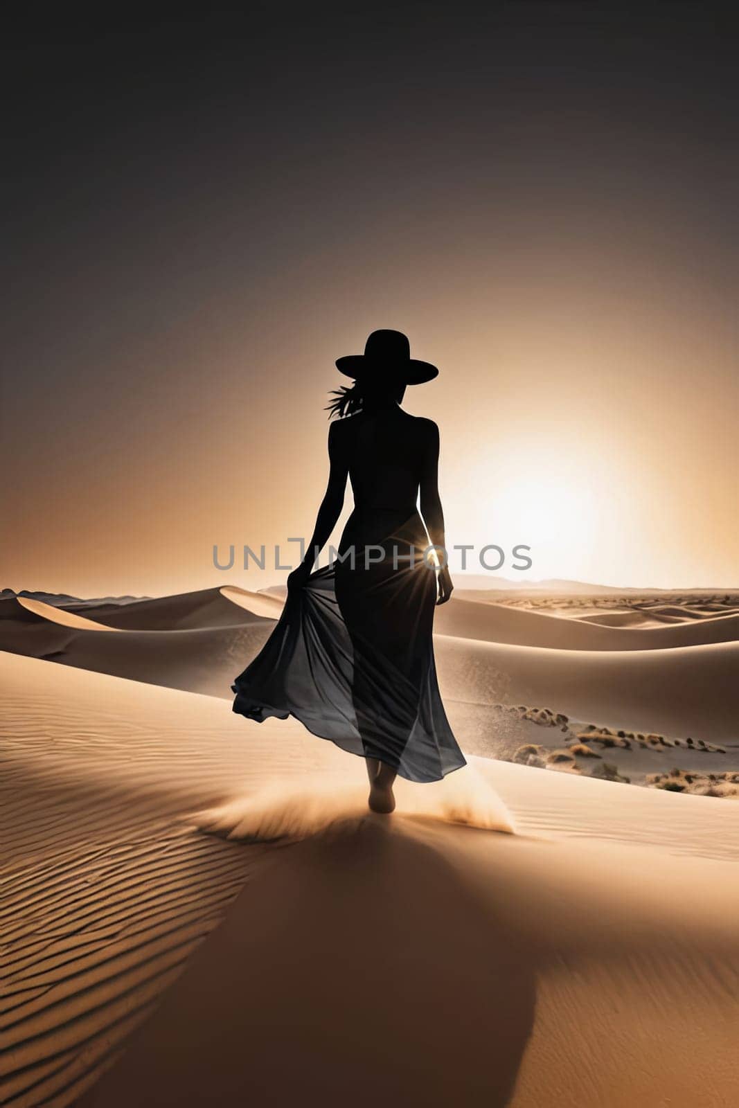 Alluring image of woman in flowing dress, framed by luminous moon. Her silhouette contrasts against dark sky, evoking feelings of wonder, freedom, and the allure of the night
