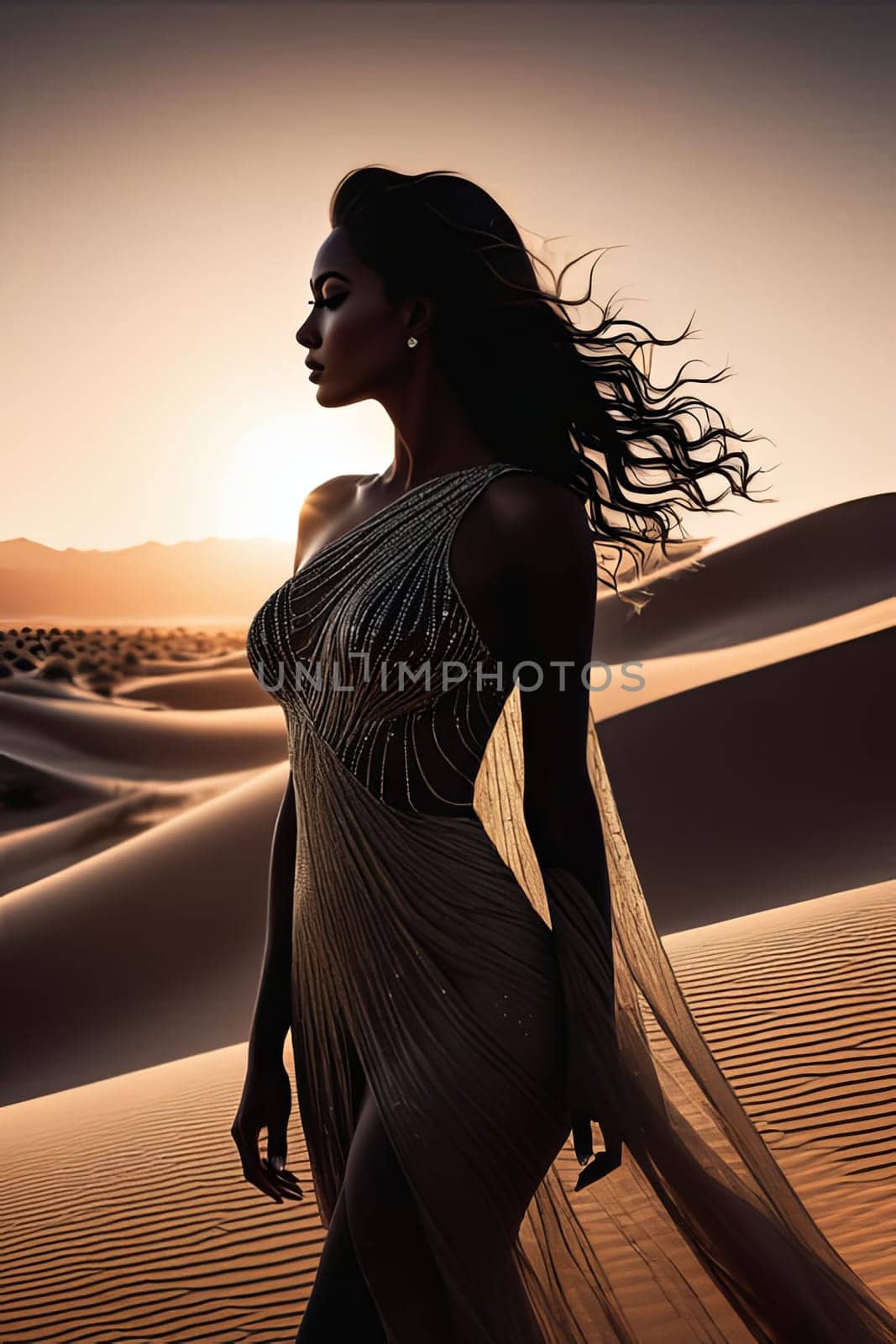 Captivating scene featuring woman in silhouette, surrounded by vast desert under moonlight. Her flowing hair and dress dance in the wind, embodying grace and mystery in enchanting landscape
