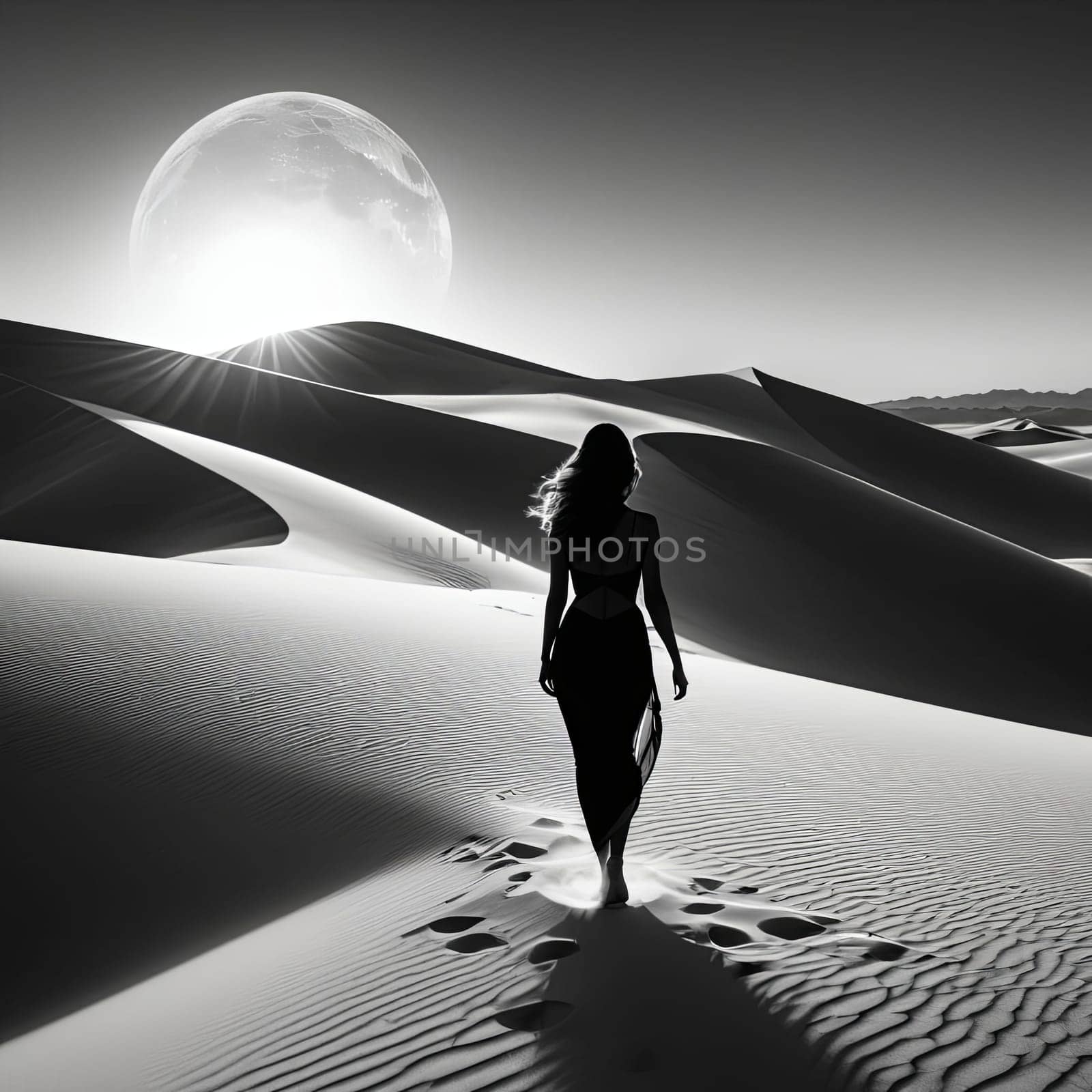 Dreamy scene of woman standing in desert under moonlight. Her elegant silhouette and flowing dress create a sense of peace and enchantment, evoking a spirit of adventure and exploration