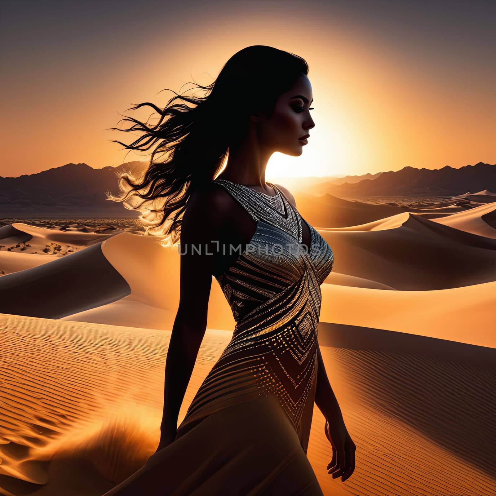 Elegant silhouette of woman in flowing dress stands against dramatic moonlit sky. Ethereal windswept hair and soft light create enchanting atmosphere, evoking feelings of mystery and beauty